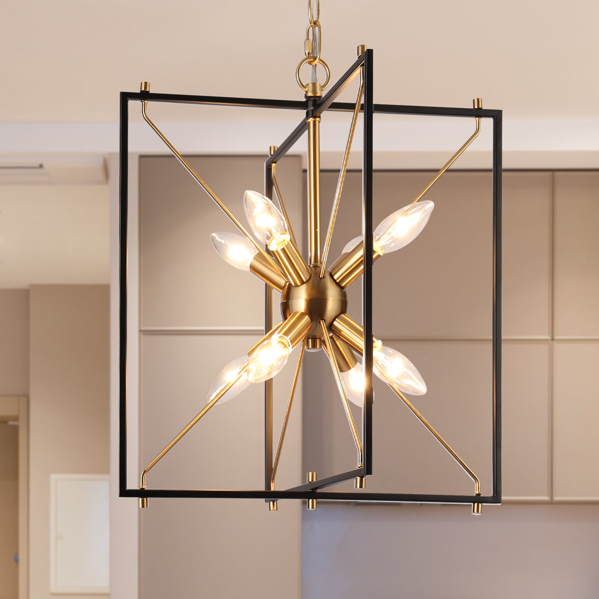 ZEVNI L3FYF2QAW4469SG7 Nat 8 -Light Polished Black Transitional Cage For Use in Bedrooms, Dining Rooms, Foyers, Kitchens, Living Rooms Chandelier