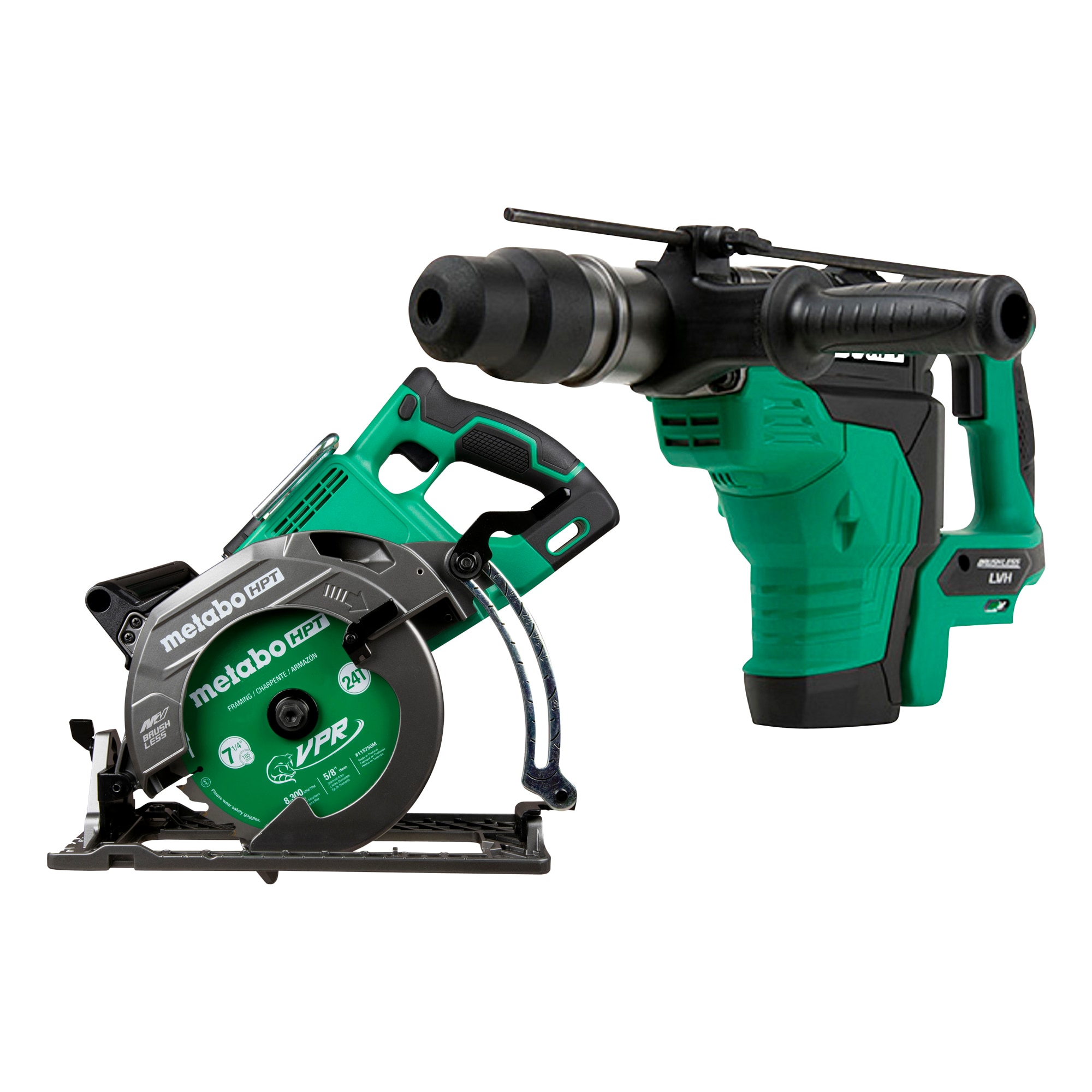 Metabo HPT MultiVolt 36-Volt 7-1/4-in Brushless Cordless Rear Handle Circular Saw with MultiVolt 36-Volt 1-9/16-in SDS-Max Variable Hybrid Cordless