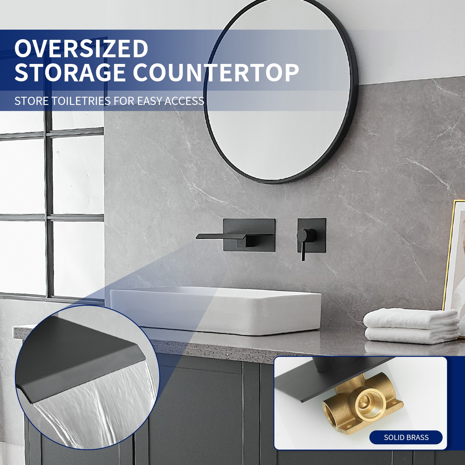 Matte Black Wall-Mount Waterfall Bathroom Faucet with Lever Handle