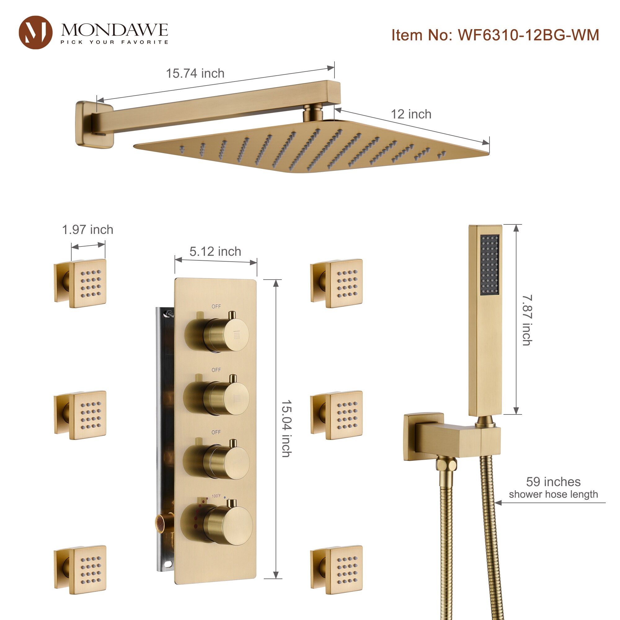 Mondawe WF6310-12BG-WM Showerhead-Bar-Panels - View #10