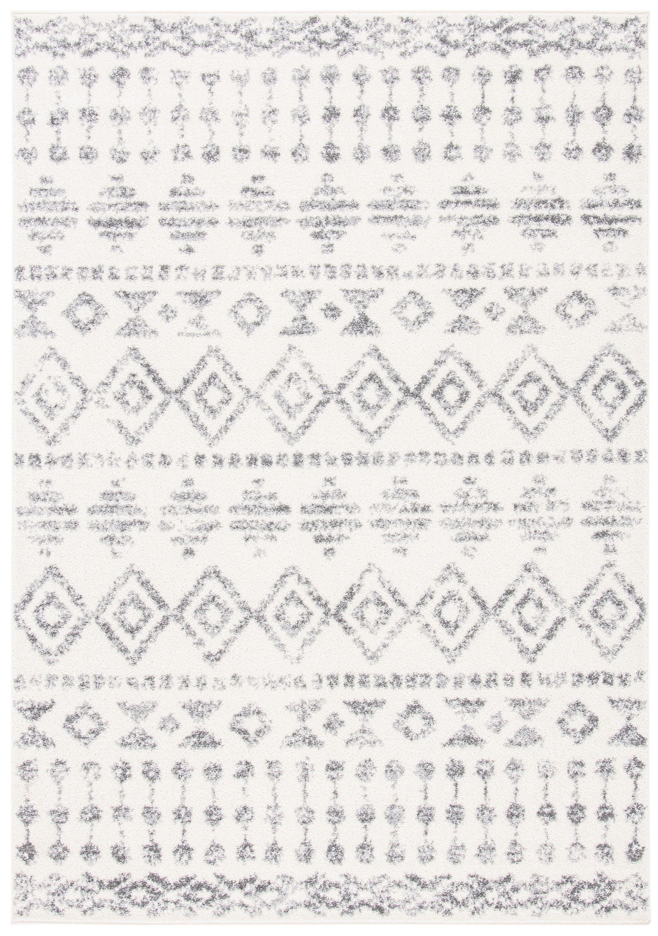 Ivory and Gray Geometric Hand-Knotted Rectangular Area Rug