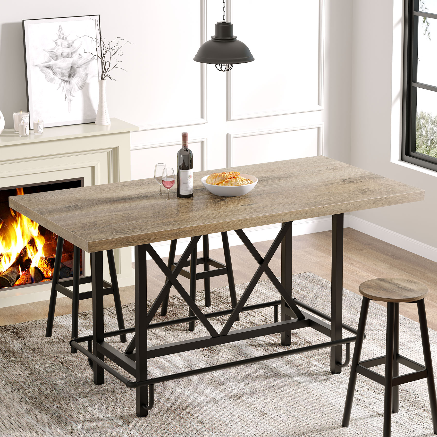 Fnova LWTJ-JW0954 Light Brown Contemporary/Modern Dining Table, MDF with Wood finish Wood Trestle Base 62.99-in L x 35.43 H