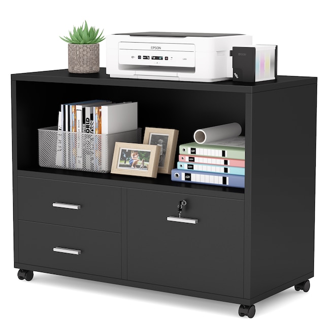 Tribesigns 3 Drawer File Cabinet With Lock Mobile Lateral Filing Black Contemporary Style Open Storage Shelves Home Office Organizer In The Cabinets Department At Lowes Com