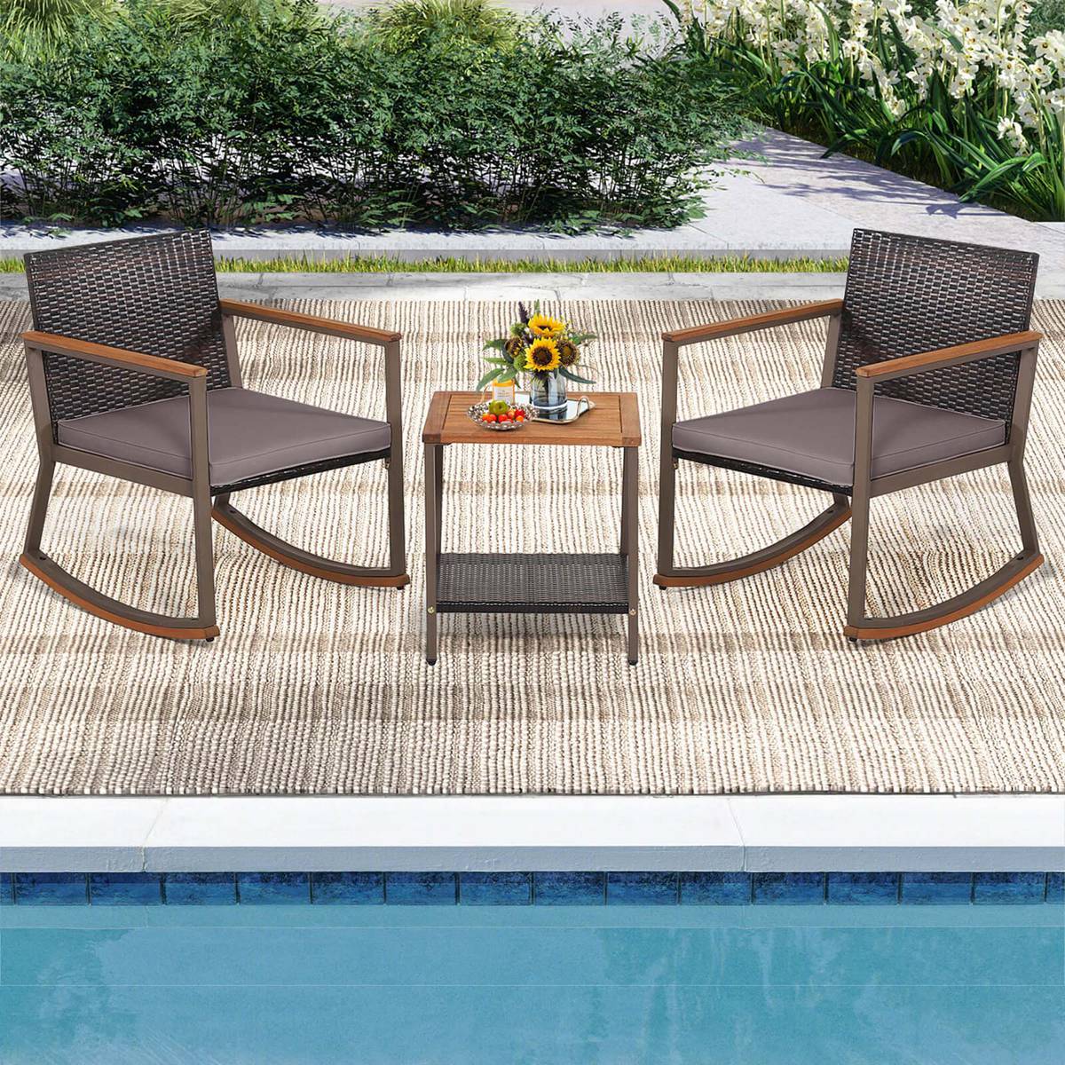Costway HCST00445 3 PCS Patio Rattan Rocking Chair Bistro Set Armrest Cushion Table with Storage Shelf Grey