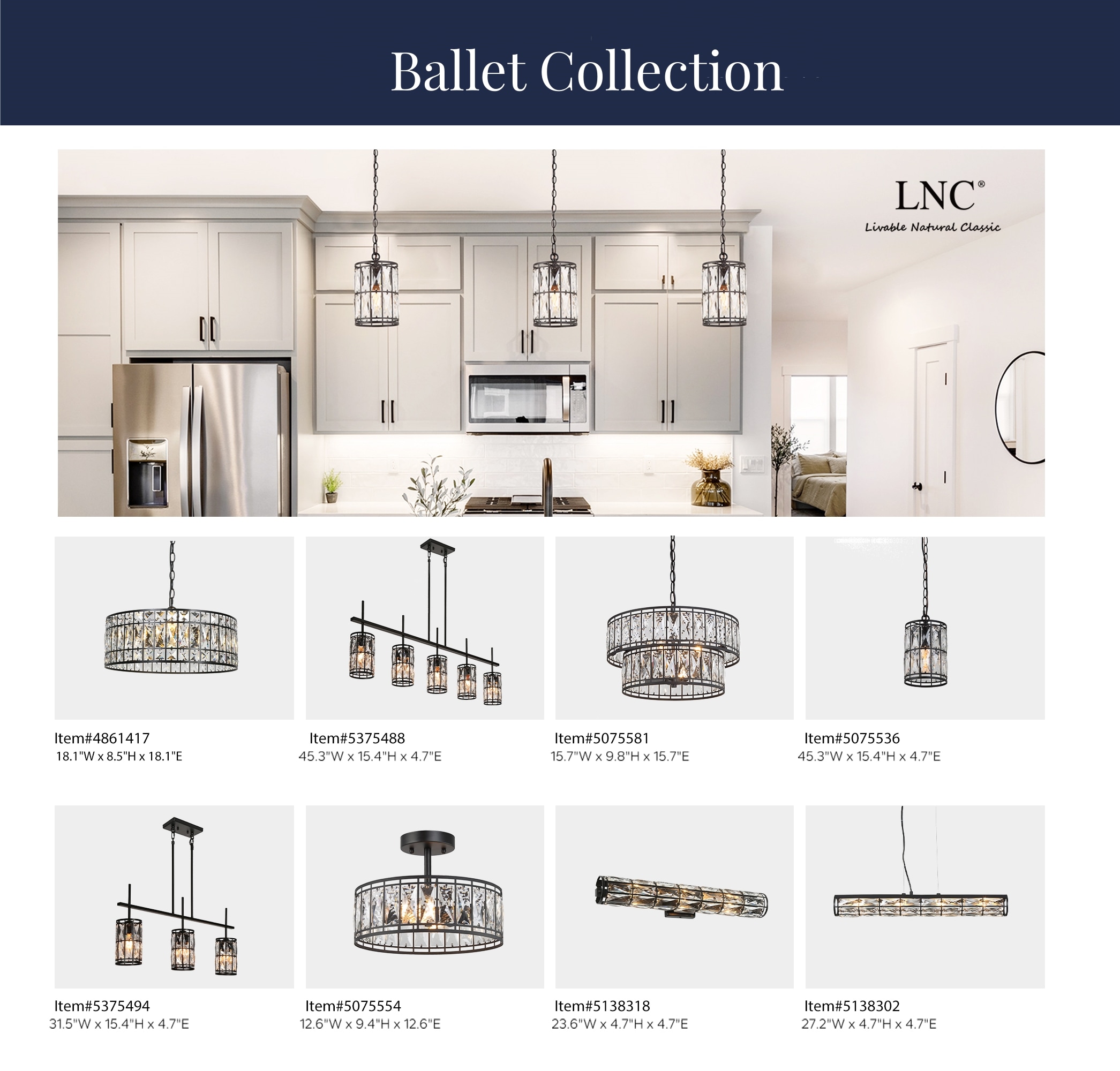 LNC Chispa 3-Light Matte Black and Crystal Glass Modern/Contemporary Linear  LED Hanging Kitchen Island Light