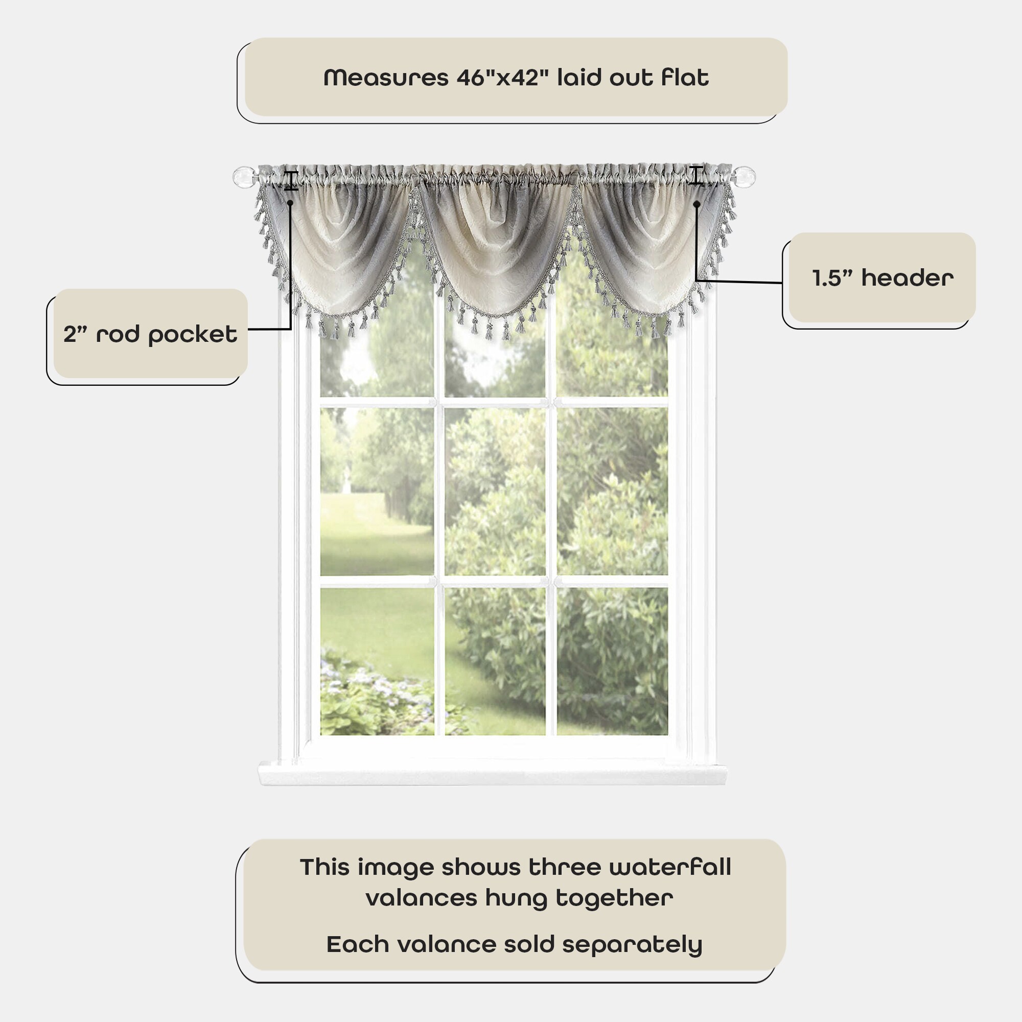 Grey Ombre Polyester Tassel Waterfall Valance, 46" x 42"