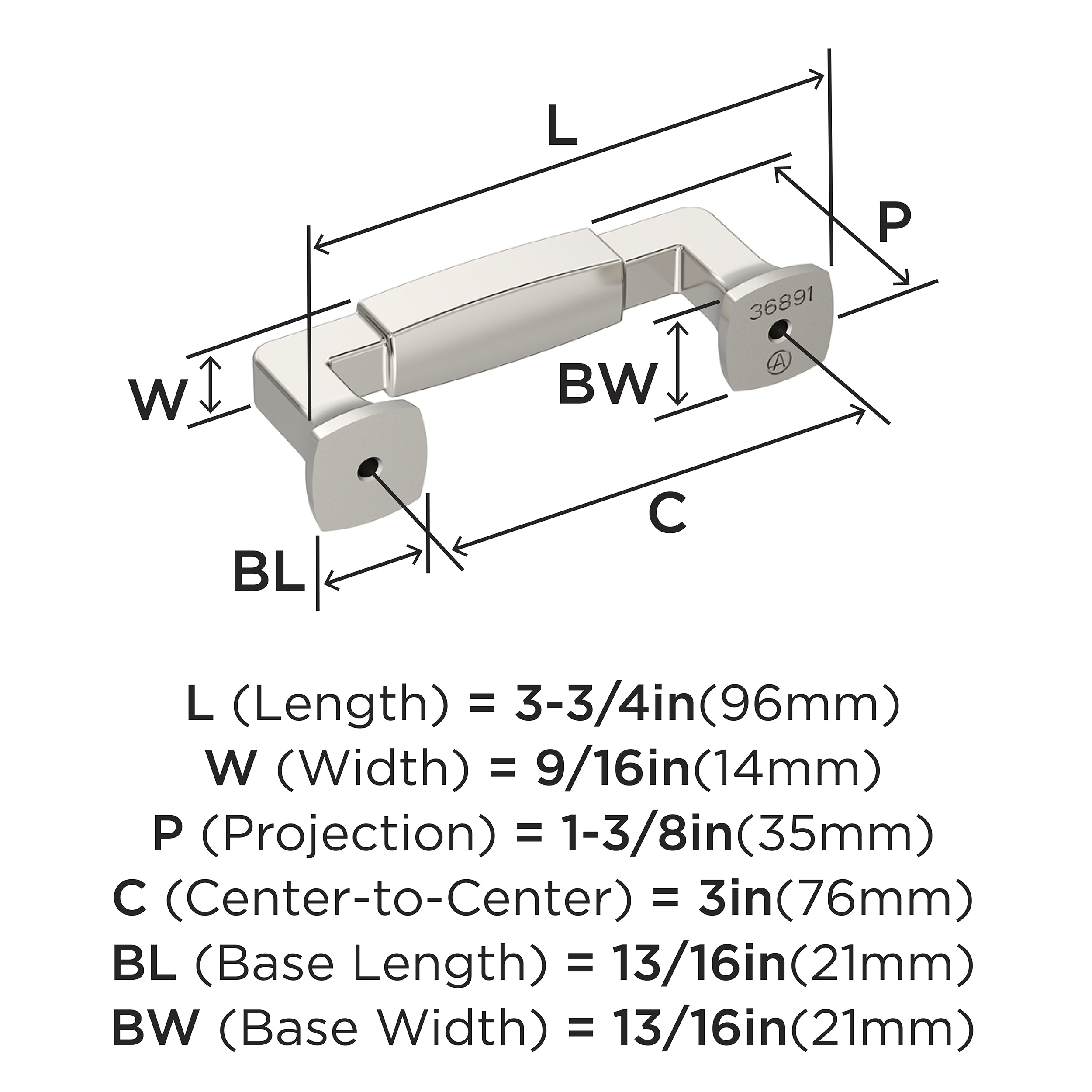 Polished Nickel 3" Cabinet Drawer Pull with Mounting Hardware