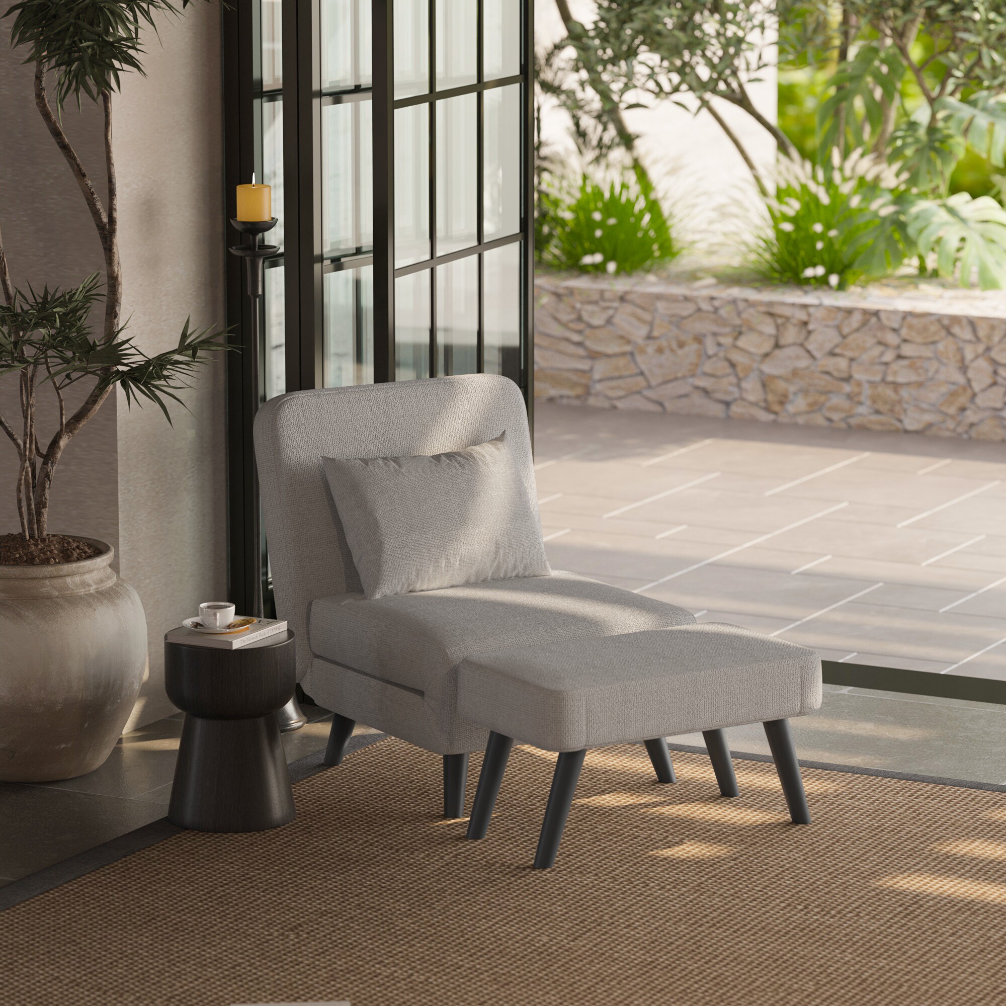 GDFStudio 3 in 1 Foldable Linen Chaise Lounge with Adjustable Backrest   Footrest and Detachable Pillow    Convertible Chair Bed   Accent Chair   Small Space Sofa Bed for Living Room   Bedroom and Office   Beige