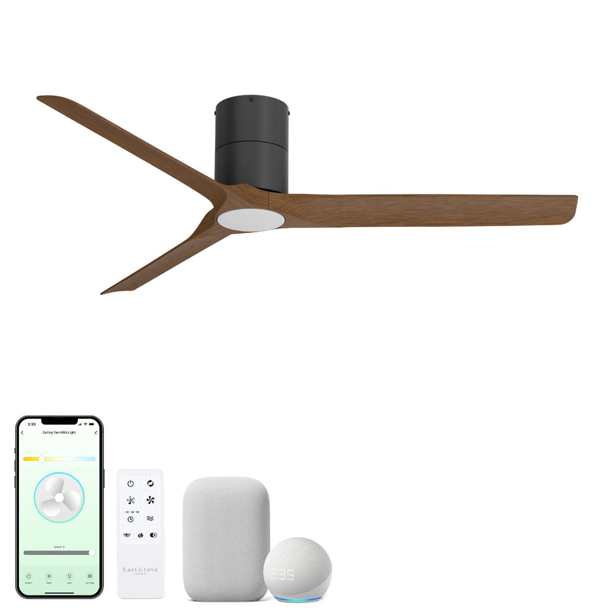 East Grove Home Delta 52in 3-Blade Smart Flush Mount Ceiling Fan 2700K-6000K CCT Tunable Range LED Light Kit with Black Hardware in Walnut Blades Works With iOS or Android App