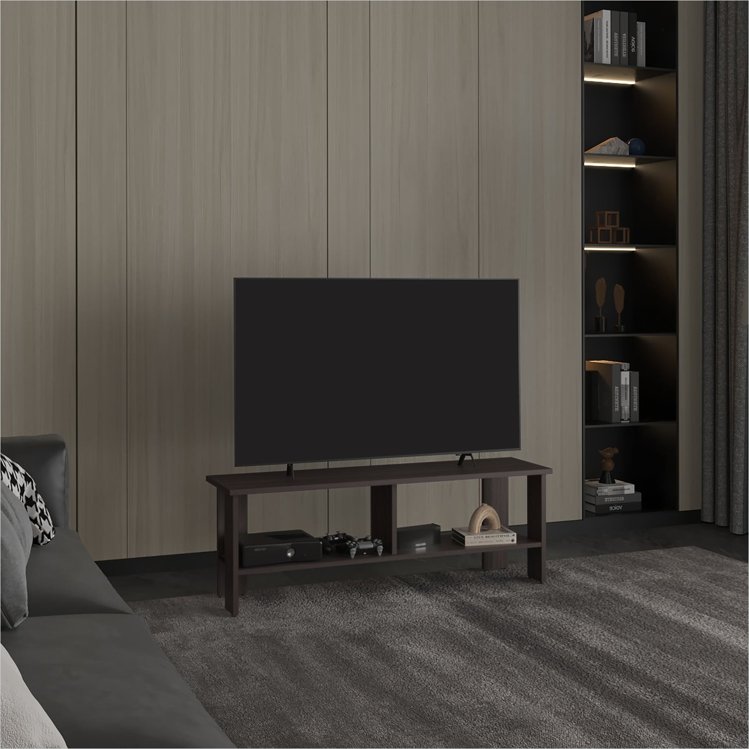 SunJet Wood-Tone Brown MDF TV Stand Two Shelves 47 Inch Wide Sleek ...