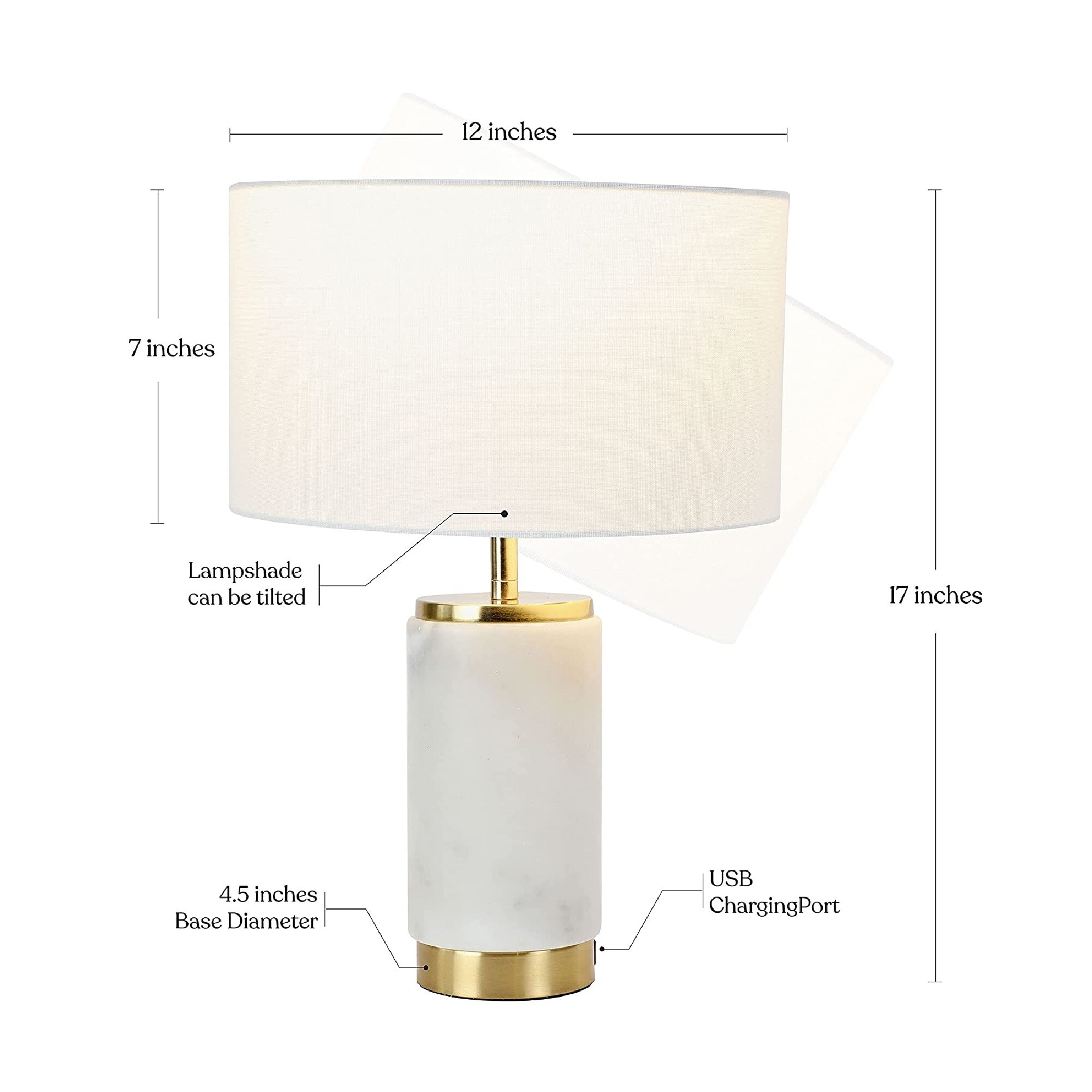 White Marble LED Table Lamp with USB Port and Brass Accents