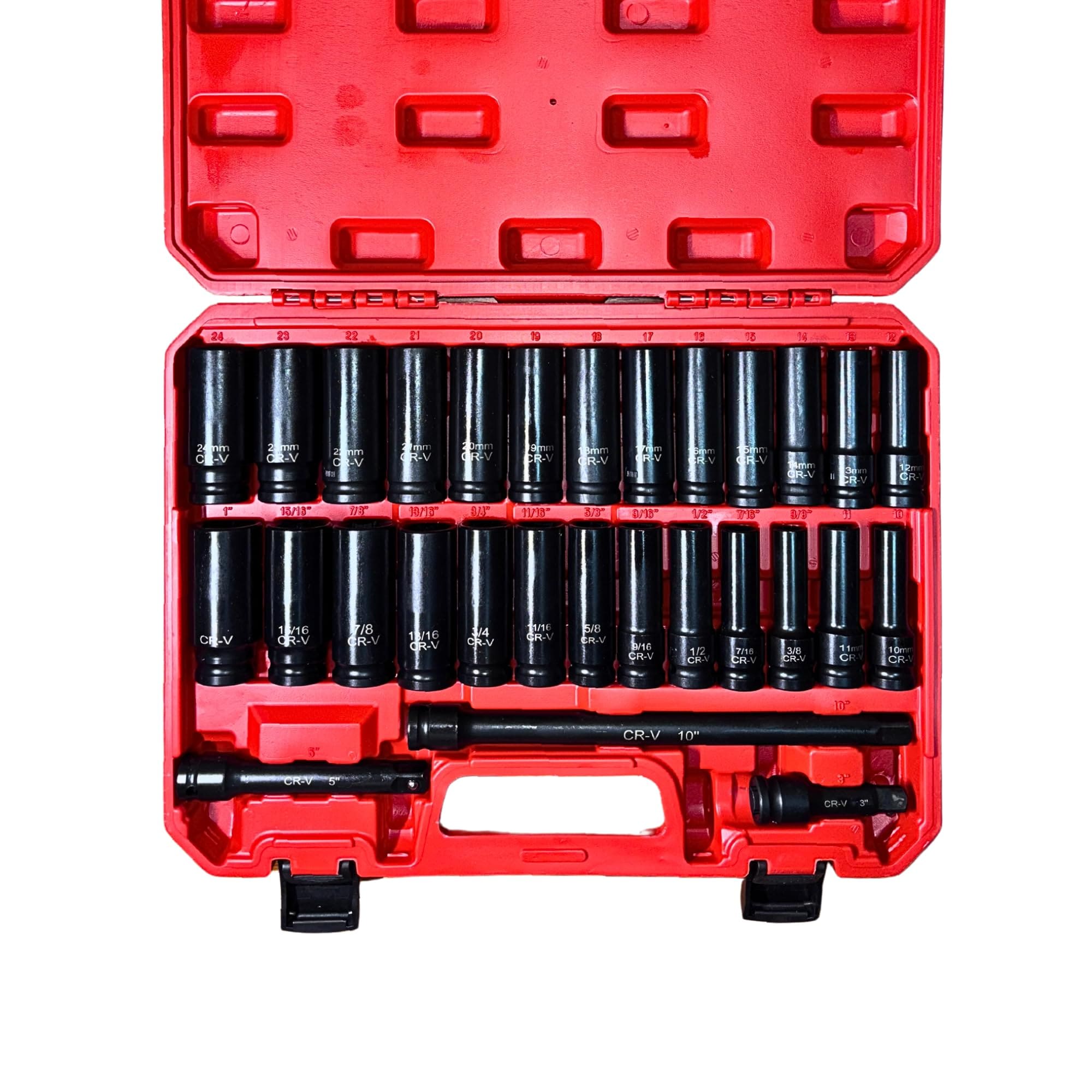 AKSCYZM  Half Inch Drive Impact Socket Set 29pcs Metric 10 to 24mm SAE 3 8 to 1 Inch Deep 6 Point CrV Steel with 3 5 10 Inch Extension Bars and
