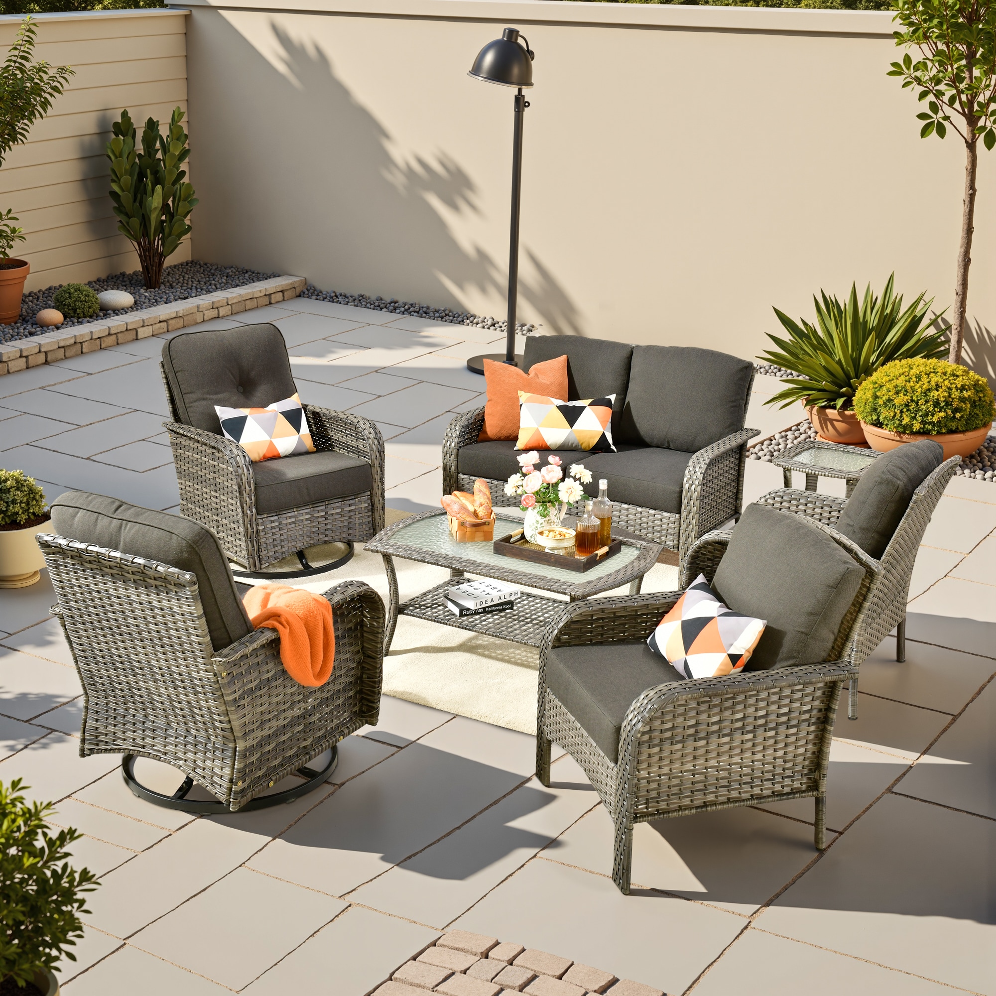 weaxty HMBYZGNCGNDS100S71 Initial 7 -Piece Wicker Patio Conversation Set with Black Cushions