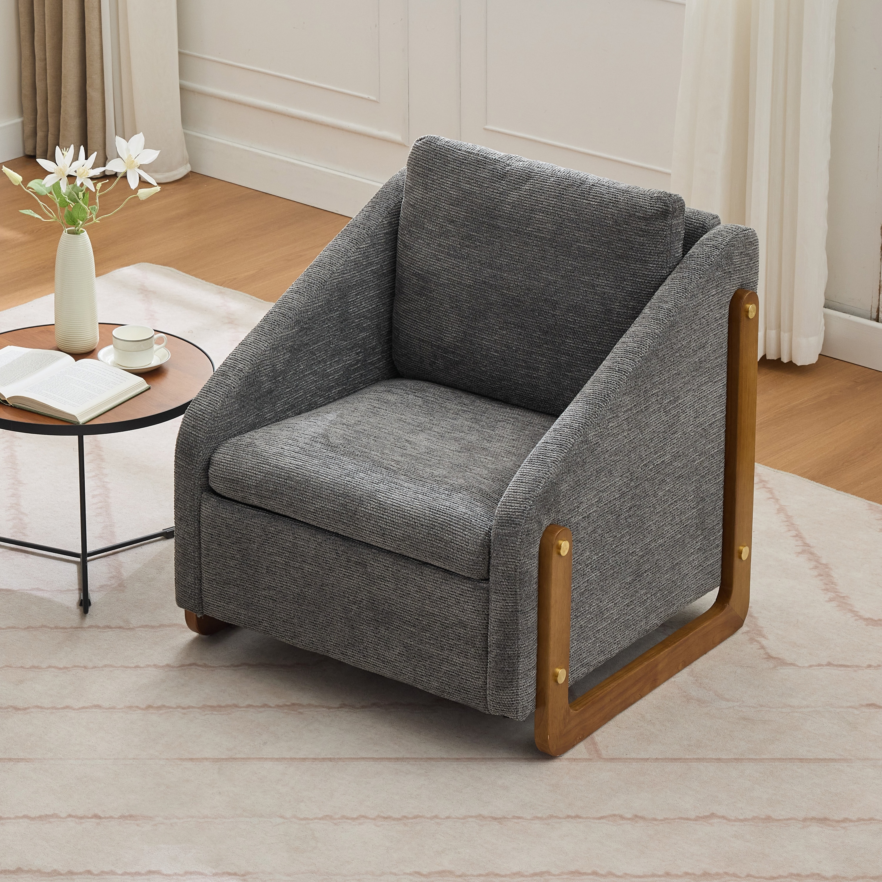 LOVMOR SF-M-W527P239828 057 Set of 1 Chenille Fabric Modern Upholstered Armchair with Wooden Side Frame  Accent Leisure Chair with Cushioned Seat and Backrest for Living Room Bedroom Gray