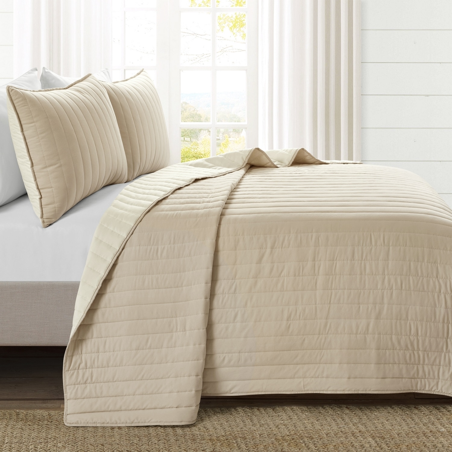 King Neutral Ivory Reversible Microfiber Quilt Set