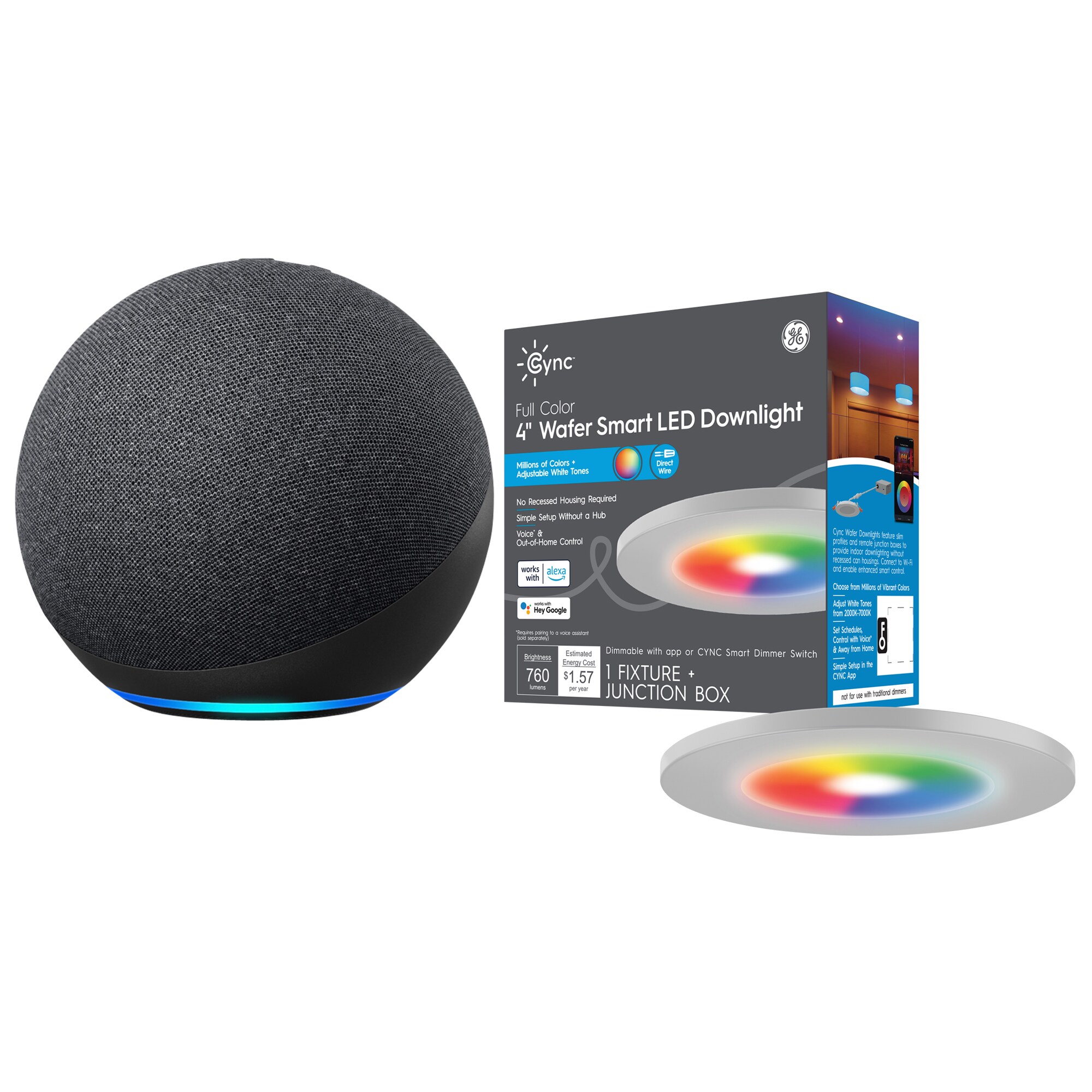 Shop  Echo - Charcoal (4th Gen) + 4-in Full Color Smart Wafer Light  at