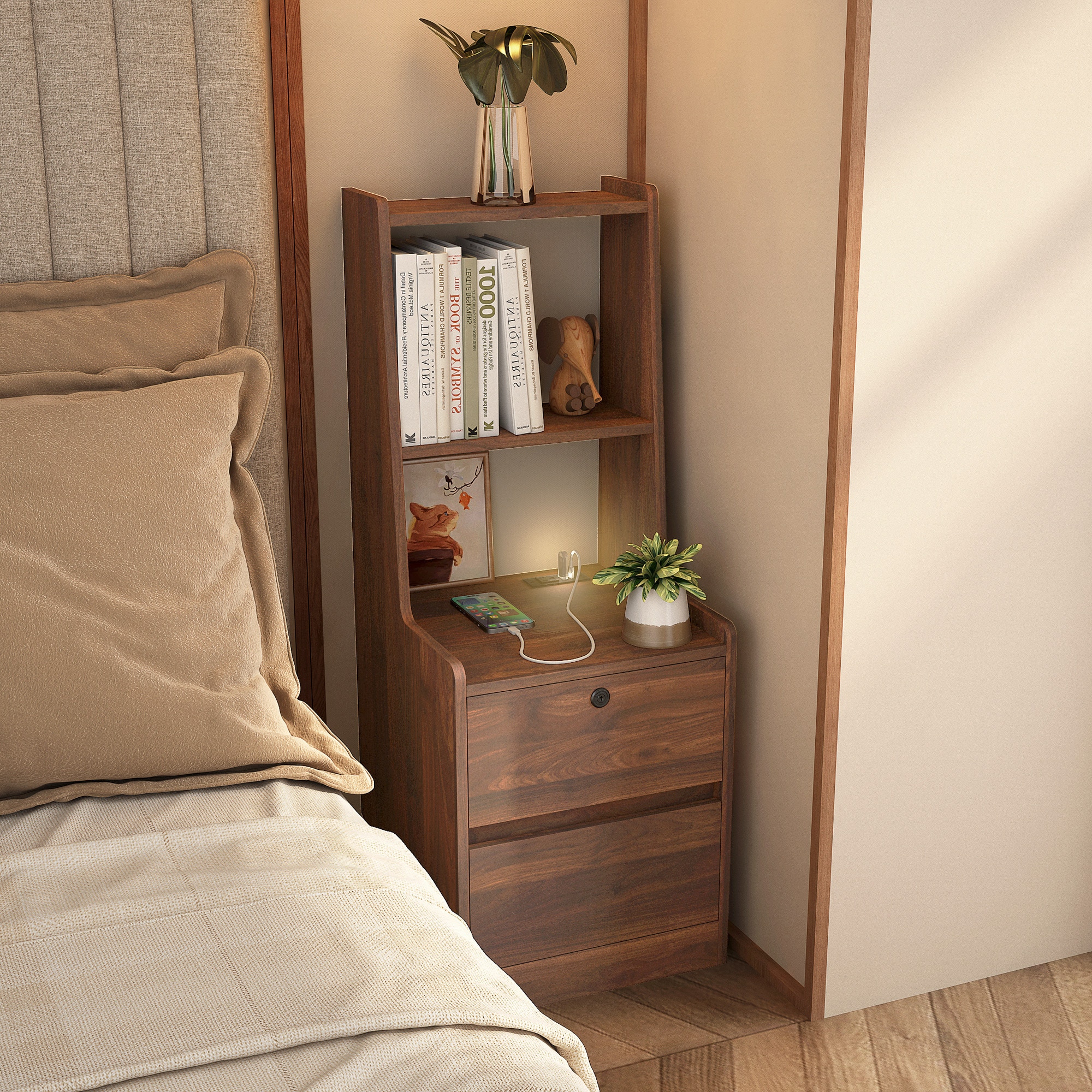 LOVMOR SF-Y-W1321P204522 Nightstand with Charging Station Smart Nightstand with Night Light Modern Night Stand with Bookshelf Bedside Tables with Storage Cabinet for Bedroom Wood