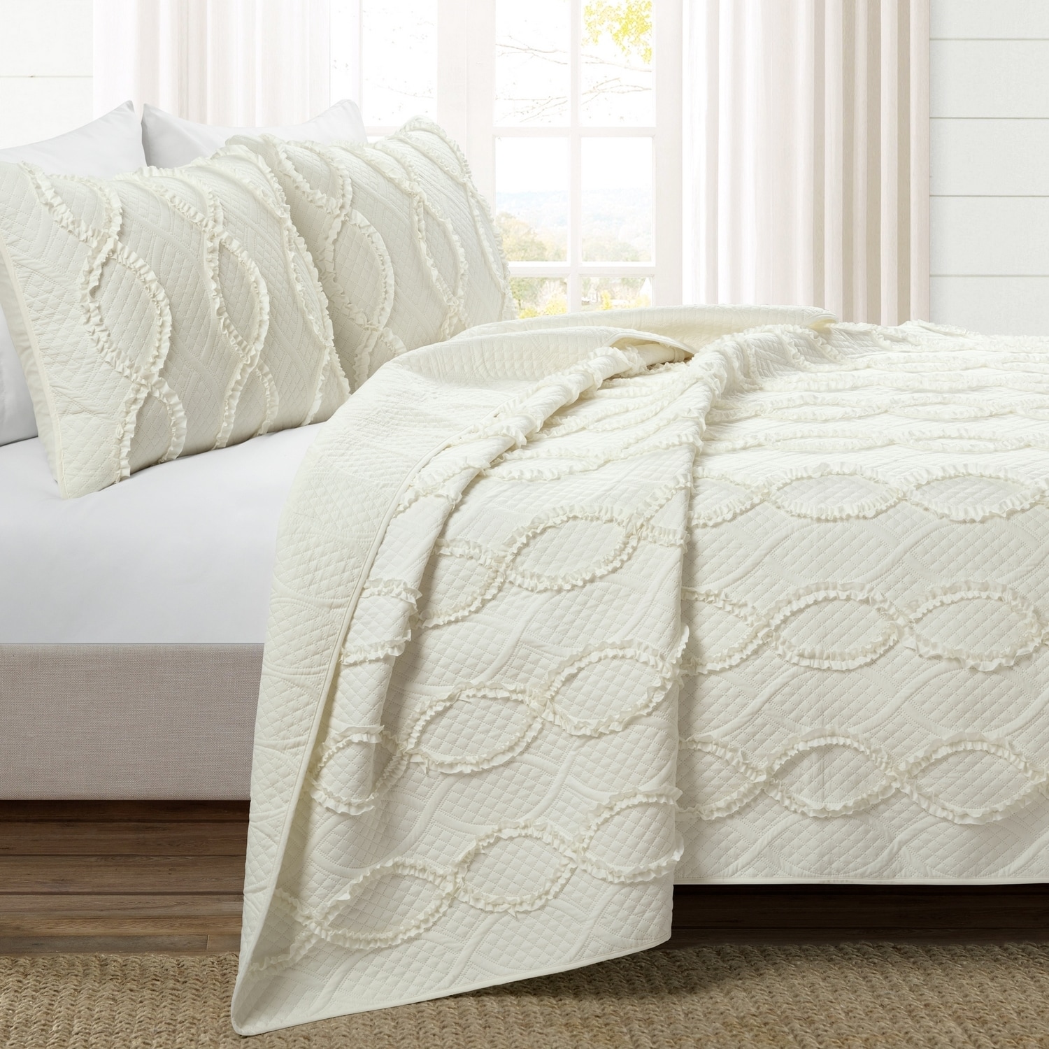Ivory Full/Queen Microfiber Textured Quilt Set