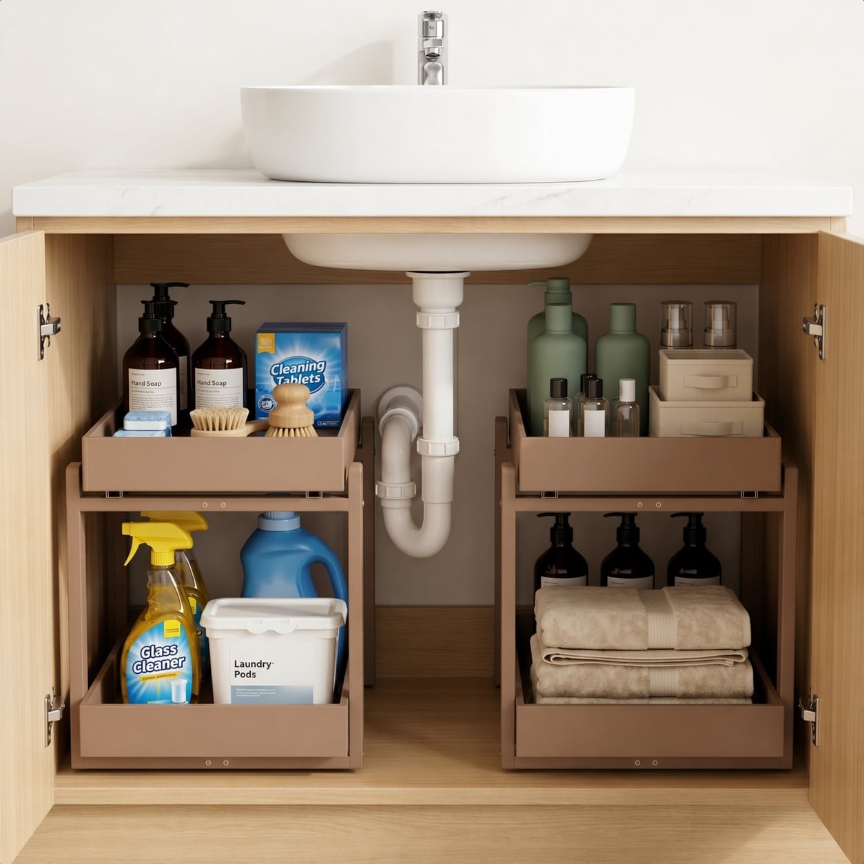 KIWDZFU  Bamboo Under Sink Storage Organizer 2 Tier Pull Out Cabinet Shelf L Shape Slide Out Undersink Organizer for Kitchen Bathroom Brown 2 Pack