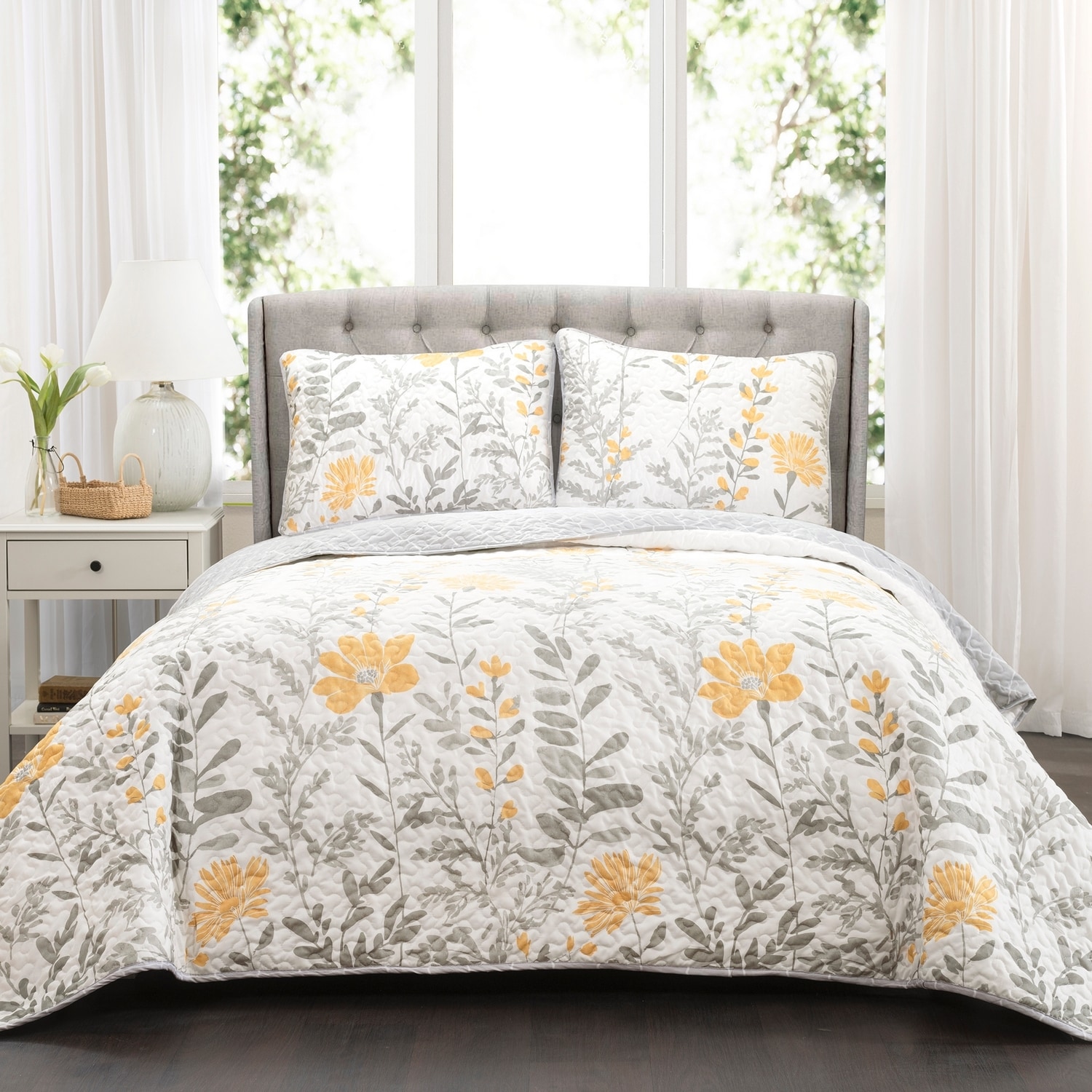 Lush Decor 16T001208 Yellow Floral Reversible King Quilt
