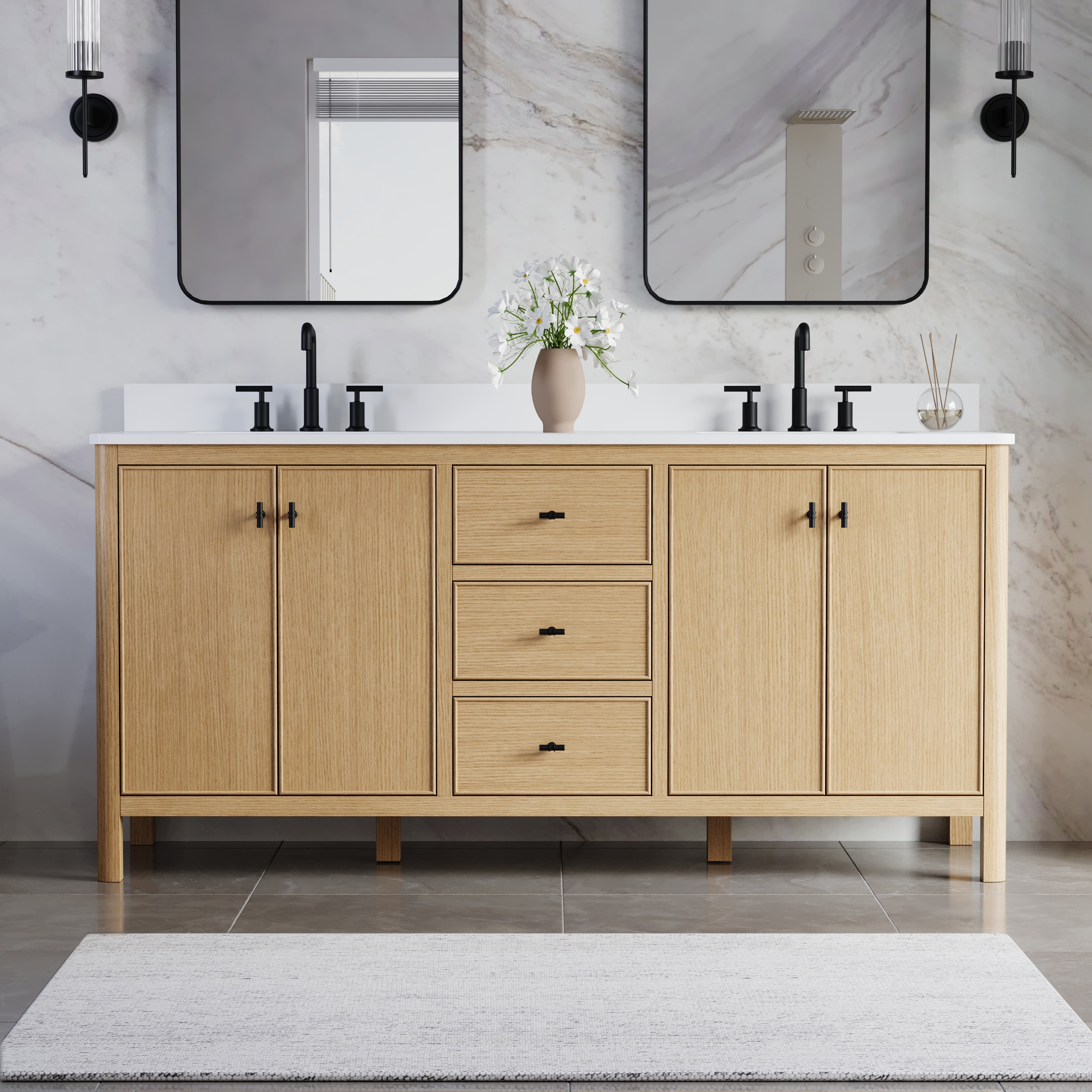 ANGELES HOME  72-in Freestanding Light Oak Solid Wood Bathroom Vanity With Quartz Countertop And Undermount Ceramic Double Sink Matte Black Handles(Fully Assembled)