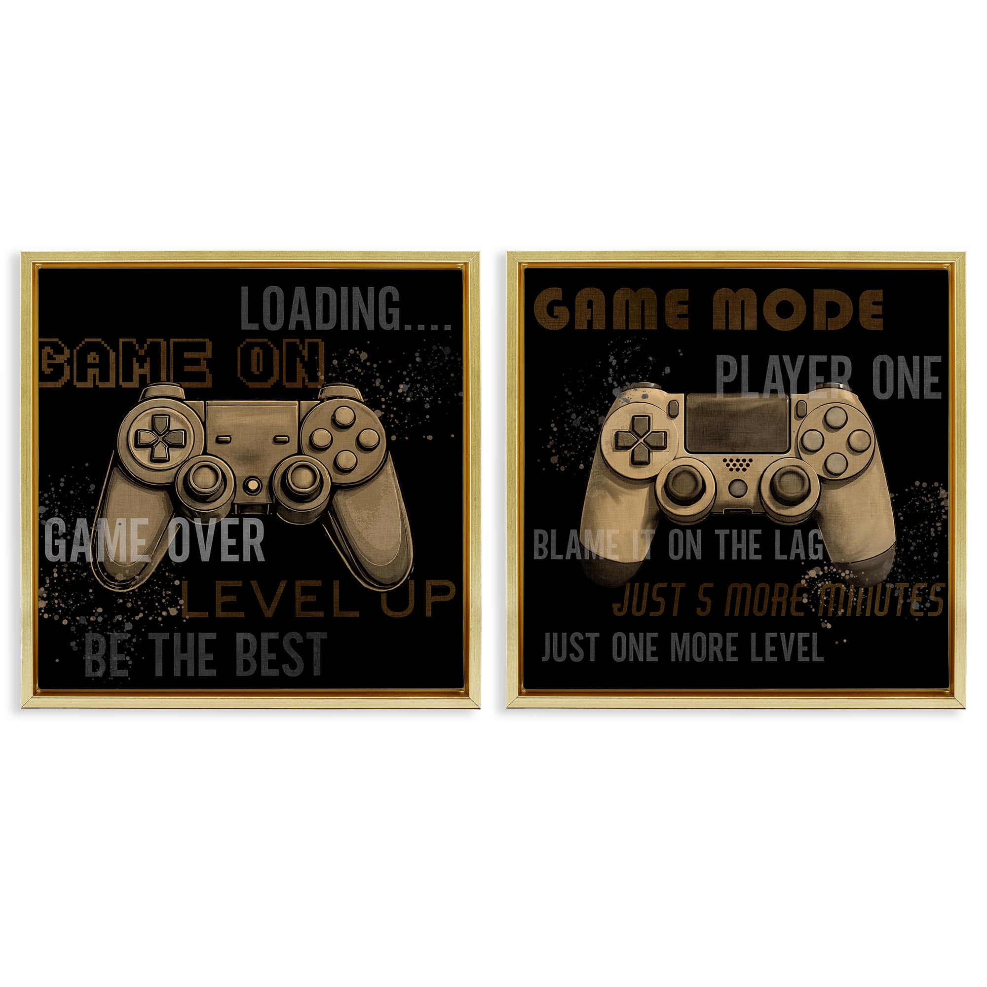 Stupell Industries B2-804-FFG-2PC-24X24 Vintage Game Controls and Phrases 2 Piece Gold Framed Floater Canvas Set By Kim Allen 25 x 25