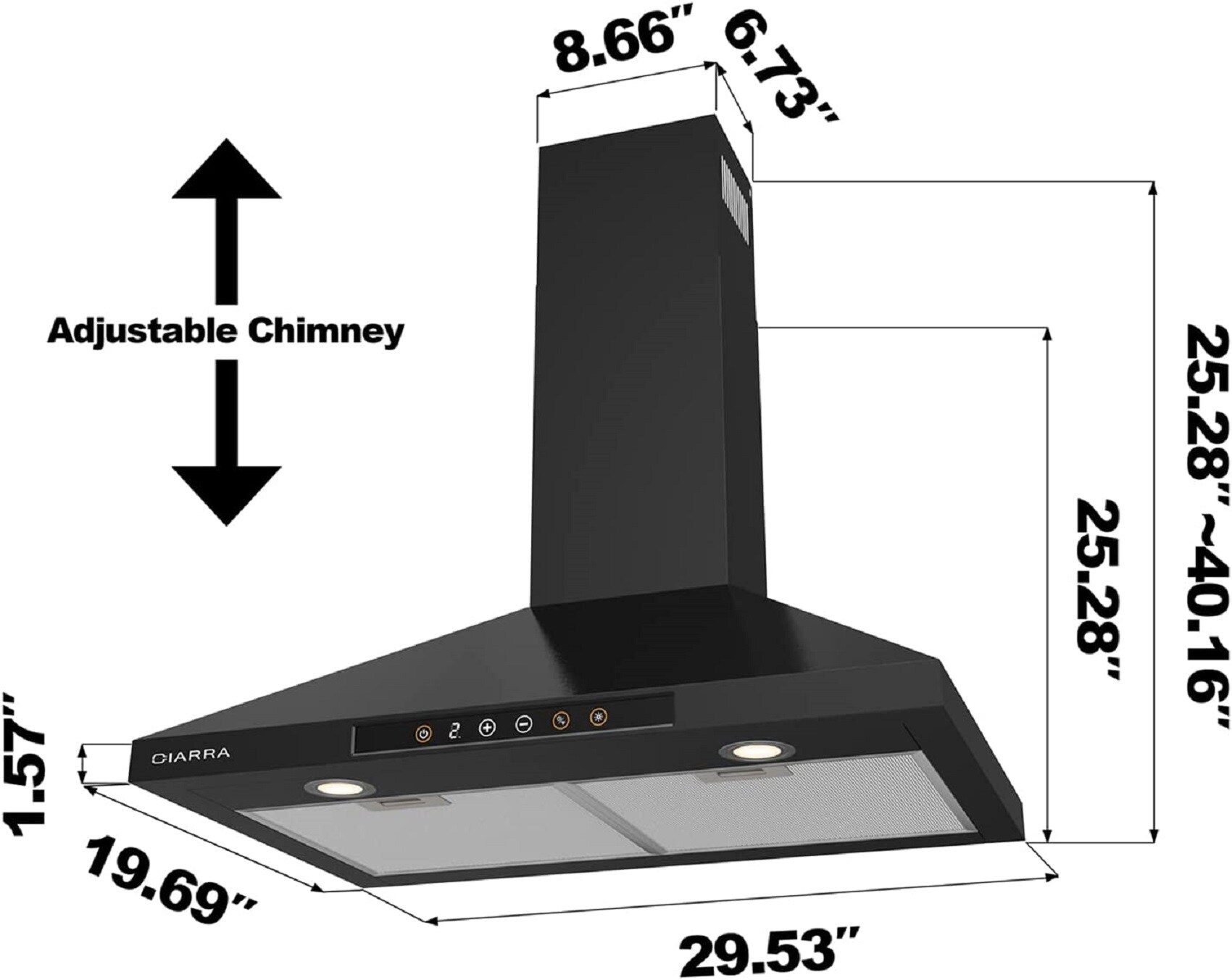 CIARRA Black Range Hood 30 inch with Soft Touch Control 450 CFM Stove Vent  Hood for Kitchen with 3 Speed Exhaust Fan Auto Shut Off Function CAB75502