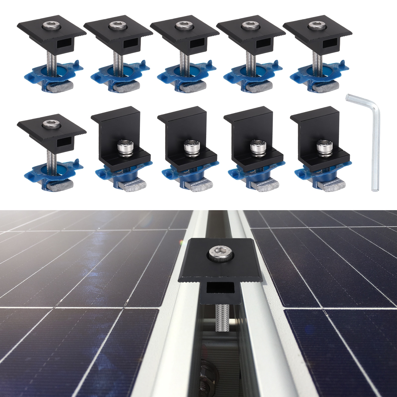 Unique Bargains - Solar Panel Mounting Set Aluminum Alloy 6pcs T-Shaped Mid Clamps and 4pcs End C...