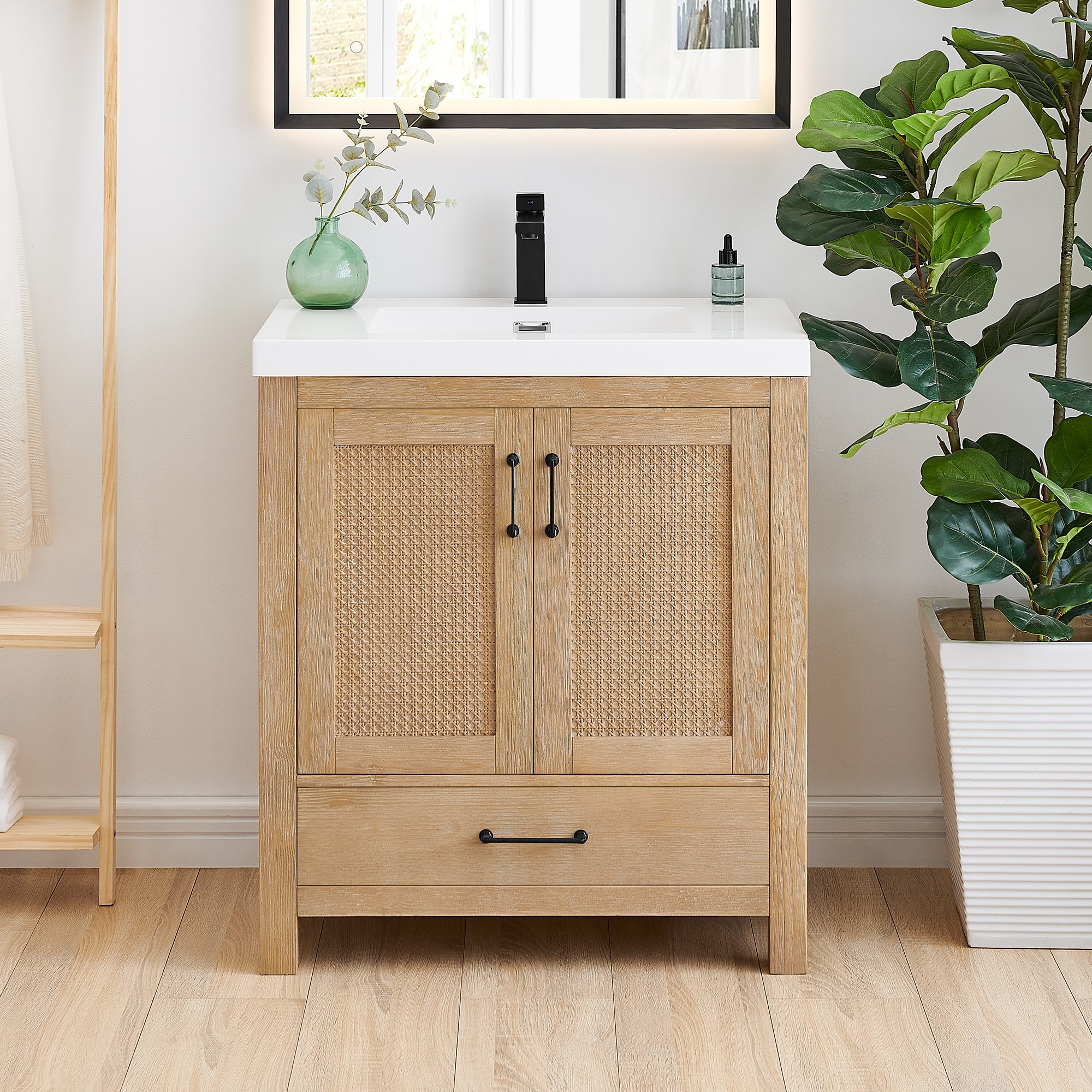 Altair 572030-LB-WH-NM Bondi 30-in Light Brown Single Sink Bathroom Vanity with White Engineered Stone Top