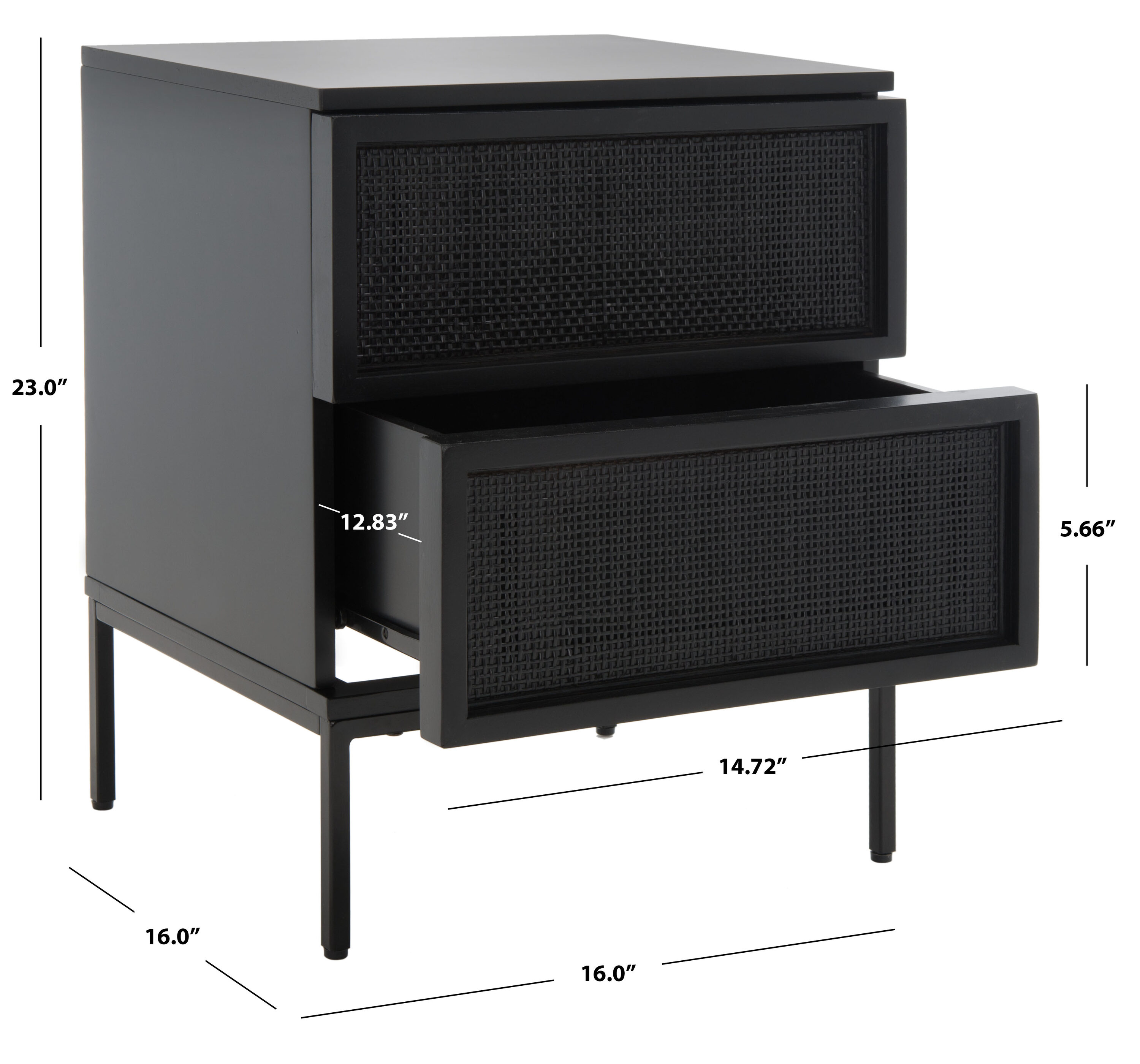 Zadie Black 2-Drawer Rattan Nightstand with Iron Legs