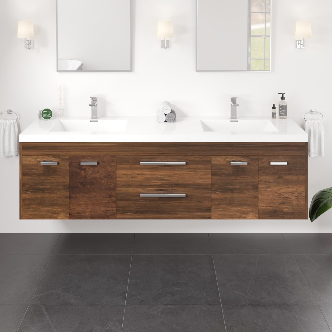 Eviva EVVN1700-8-72RSWD-WM Lugano 72-in Rosewood Double Sink Floating Bathroom Vanity with White Acrylic Top