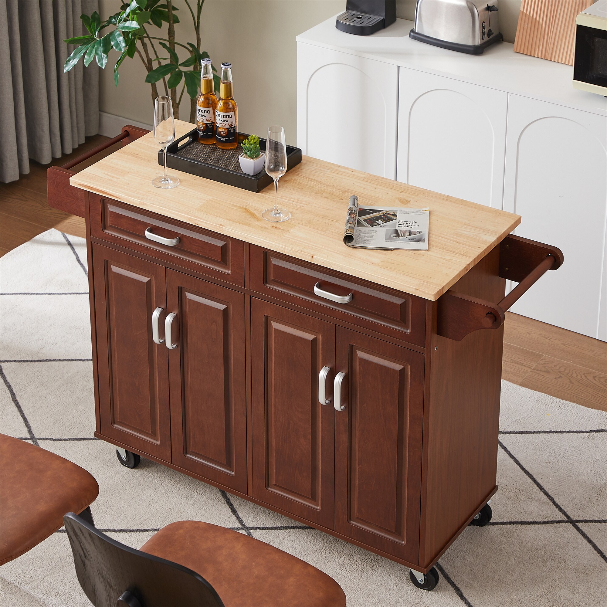 BABOOM Brown Mdf Base with Wood Top Rolling Kitchen Island (18.1-in x 53.8-in x 35.5-in)