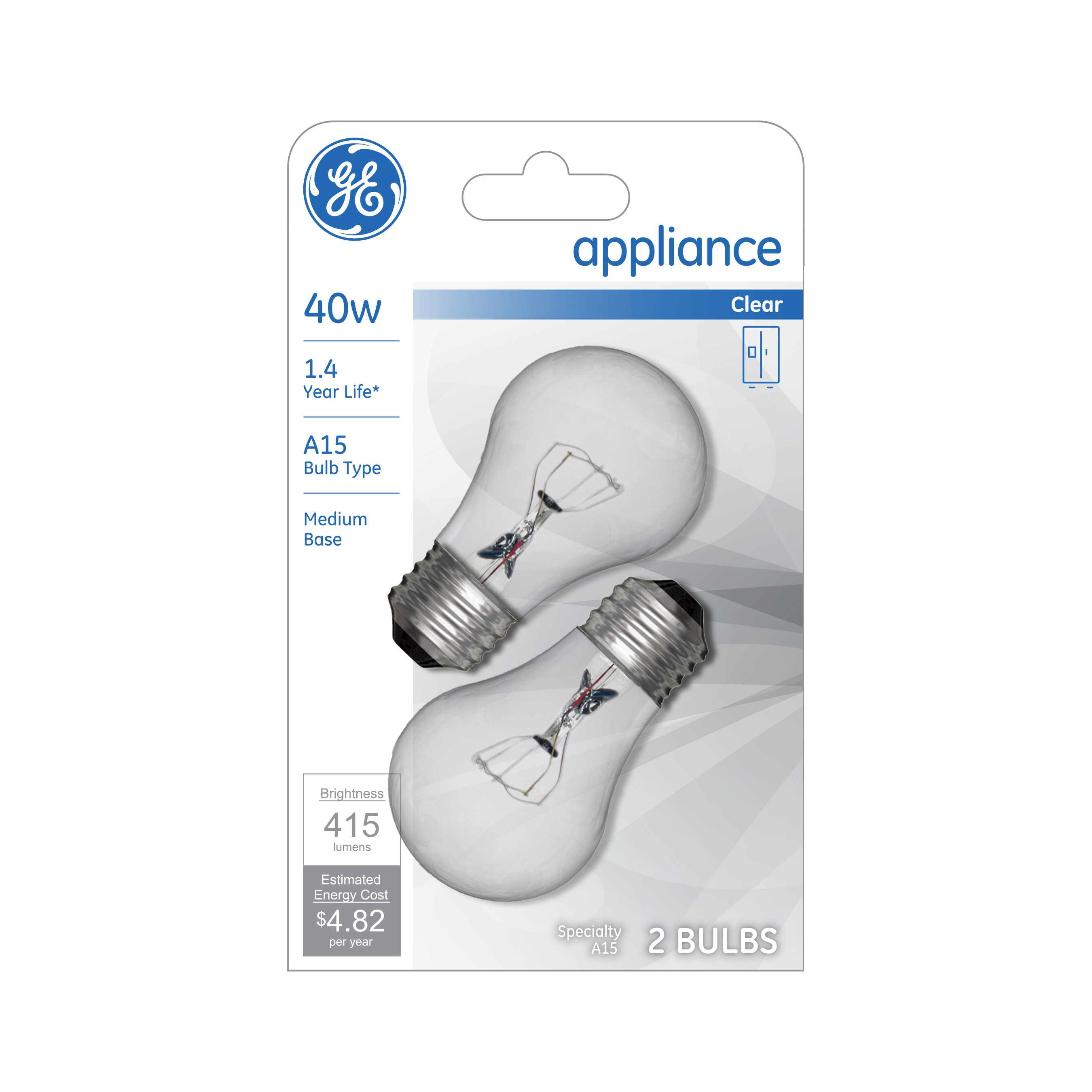 A15 Bulb Type Medium Base 2-Count per Pack 415 Lumens GE Appliance Clear Light Bulb 40w 1-Pack 