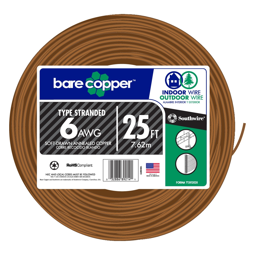 Southwire 10638525 Building Wire,Bare Copper,6 Awg,25Ft 