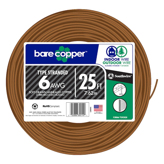 Southwire 25-ft 6-Gauge Stranded Soft Drawn Copper Bare Wire (By-the-Roll)  in the Ground Wire department at