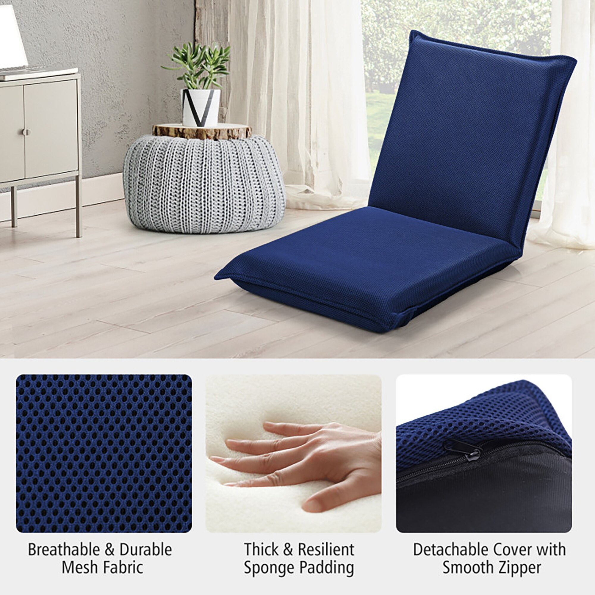 Navy Blue Adjustable Folding Floor Chair with Mesh Fabric