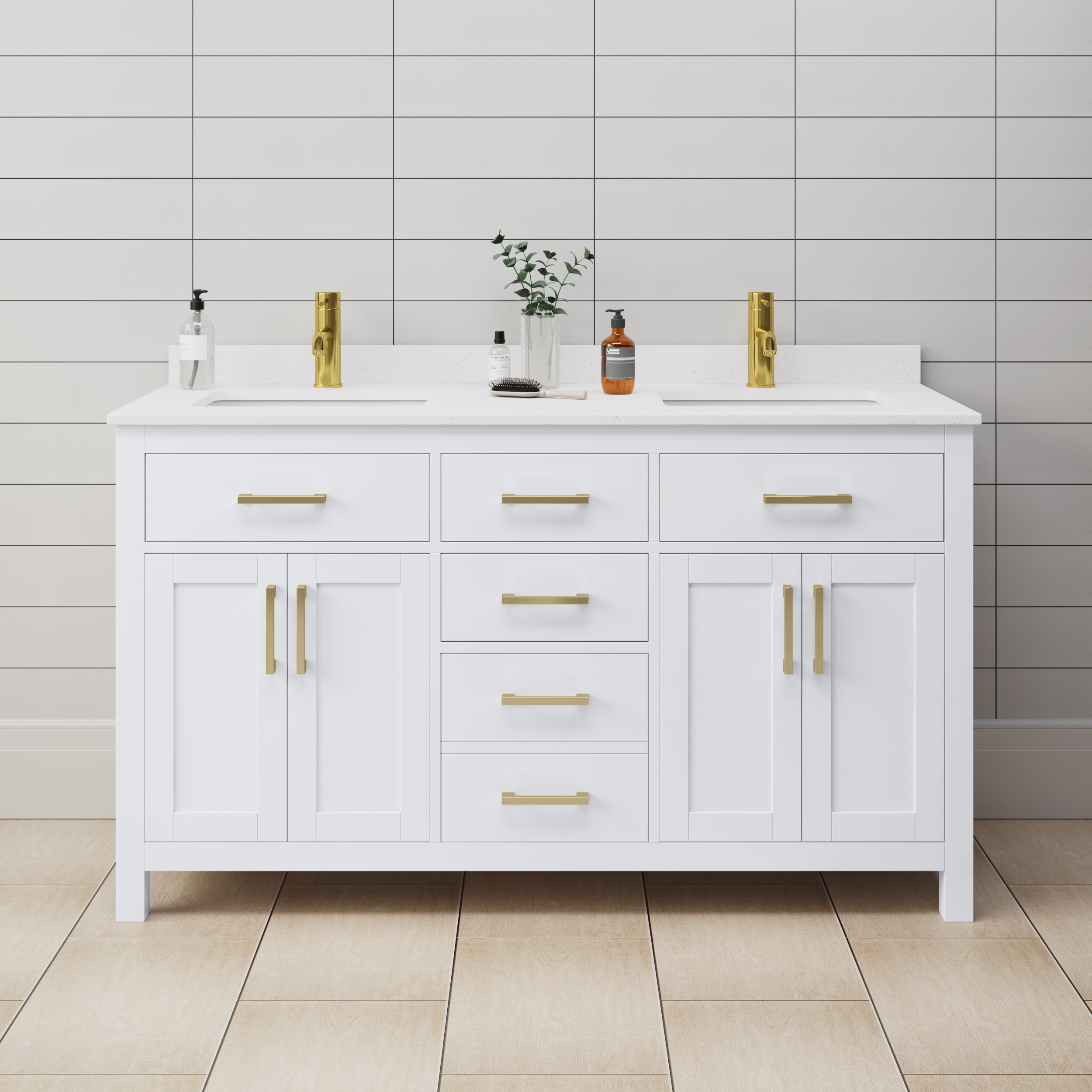 Wyndham Collection WCG242460DWGWCUNSMXX Beckett 60-in White with Brushed Gold Trim Undermount Double sink Bathroom Vanity with White Cultured Marble Cultured marble Top