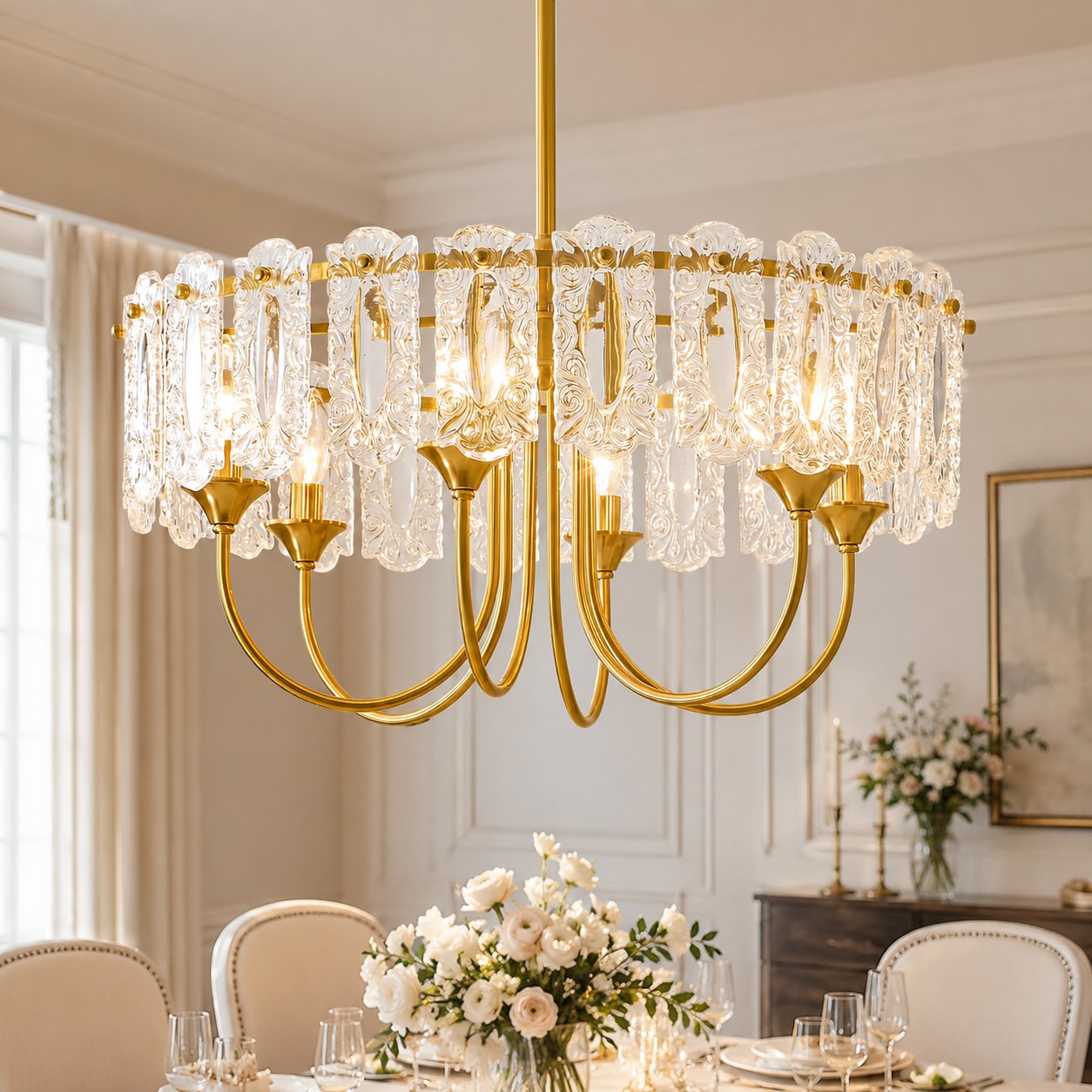 DORESshop 24 Inch 6 Light Candle Style Chandelier with Clear Hand Blown Glass Shades and Polished Brass Finish