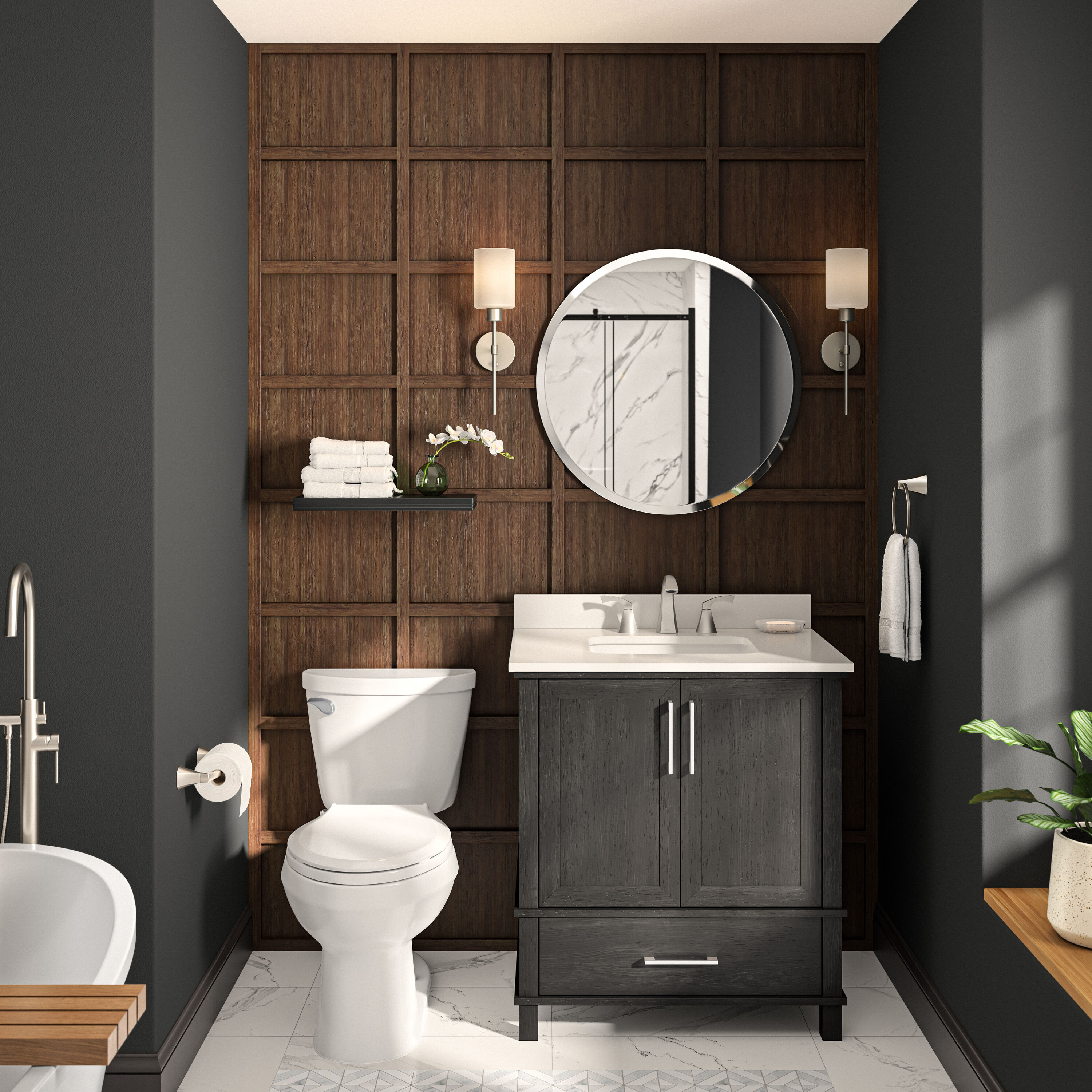 WELLFOR 22.5 in. W x 27 in. H Rectangular MDF Framed Wall Bathroom Vanity Mirror in Brown with Bottom Shelf