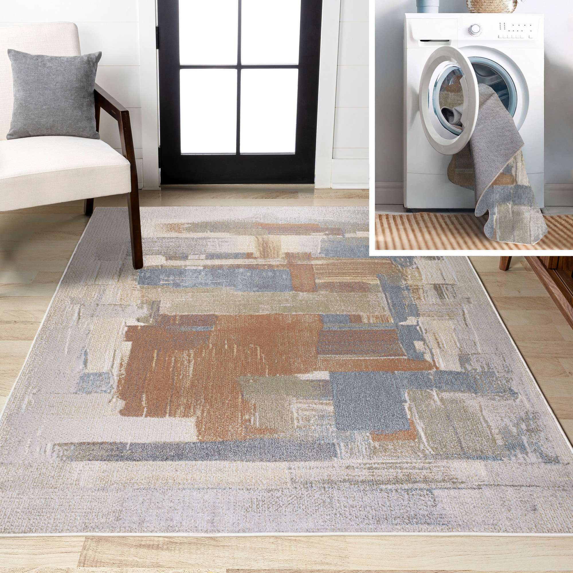 JONATHAN  Y WSH302A-5 WASHABLE Weaver Abstract Coastal Watercolor 5 x 8 (ft) Loomed Cream/Multi Rectangular Indoor Abstract Mid-Century Modern Machine washable Pet Friendly Area rug