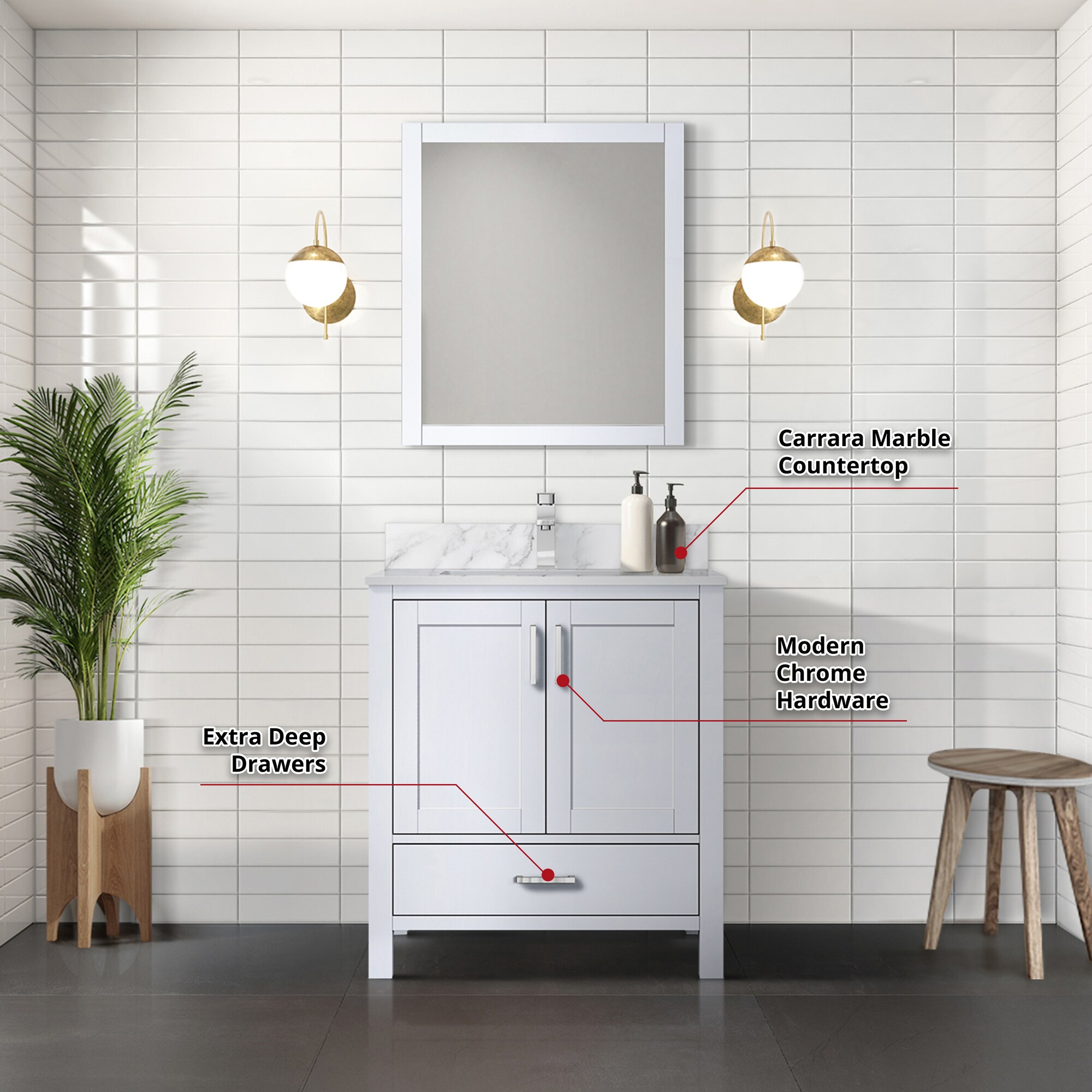 White 30" Vanity with Marble Top, Sink, Mirror, and Faucet