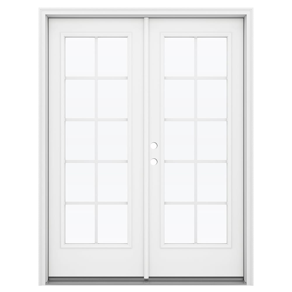 JELD-WEN LOWOLJW192600123 60-in x 80-in x 4-9/16-in Jamb Low-E Grilles between the glass , White Steel Right-hand inswing French Double Patio Door Brickmould Included
