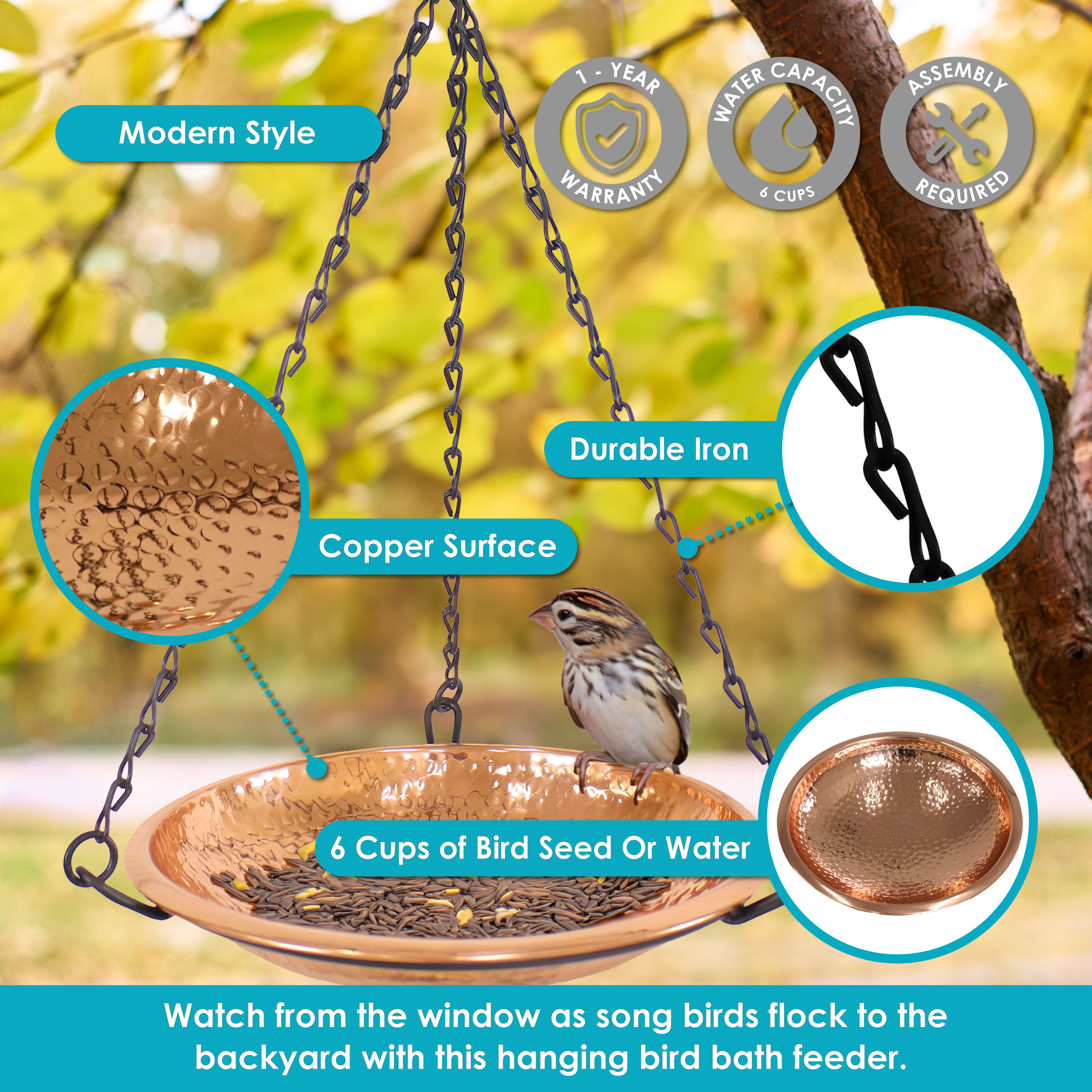 Hand-Hammered Copper Hanging Bird Bath Feeder with Iron Chains