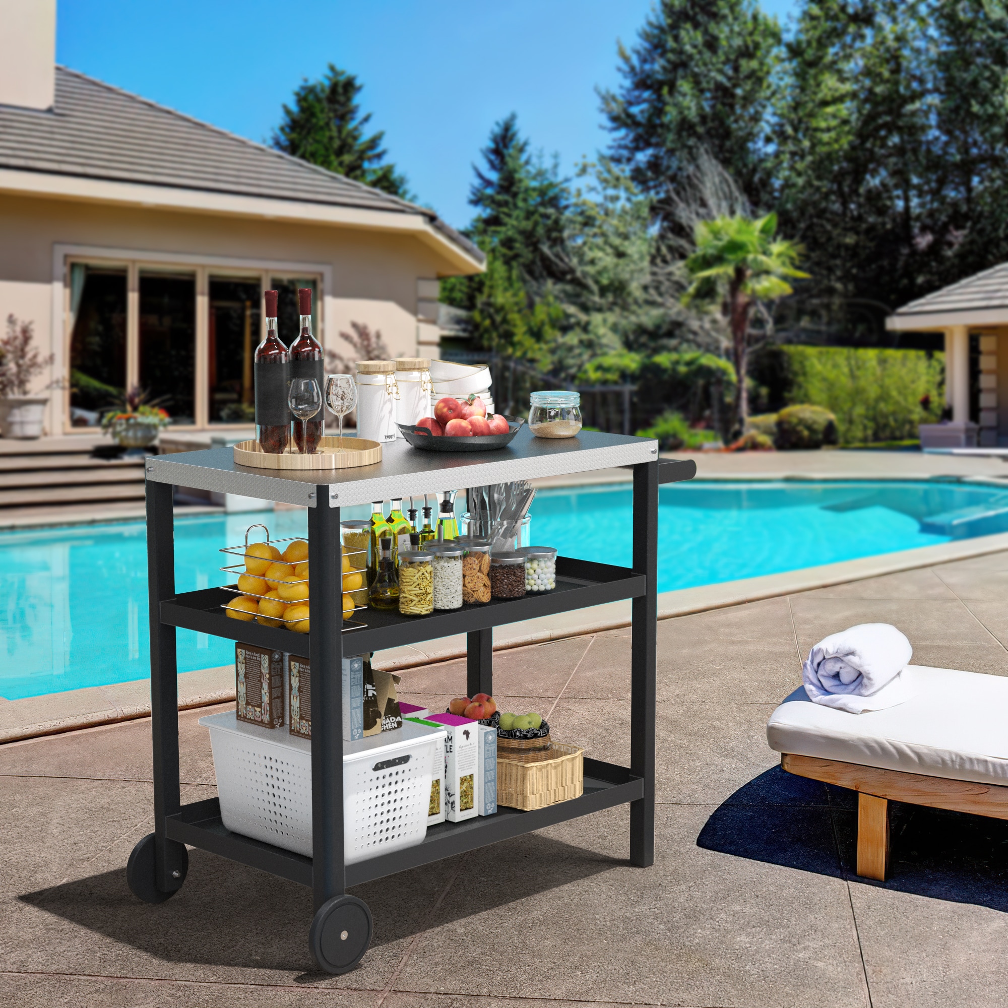 Poly furniture KC-SS06-BK Outdoor Grill Cart, Honeycomb Style Wear-Resistant Tabletop Black Plastic Grill cart