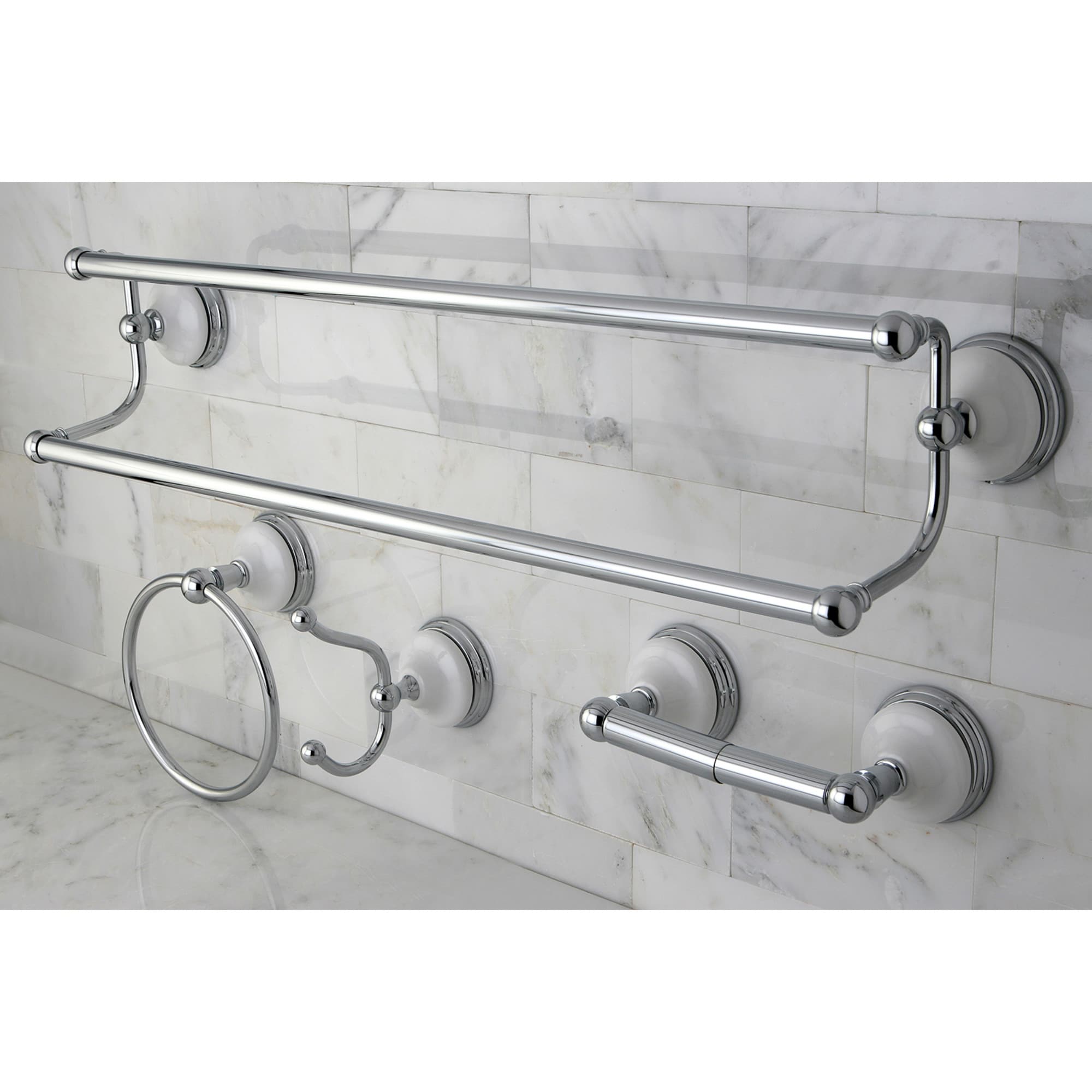 Kingston Brass WLK11134781 4 -Piece Victorian Polished chrome Decorative Bathroom Hardware Set Towel Bar, Toilet Paper Holder, Towel Ring ,Robe Hook Included