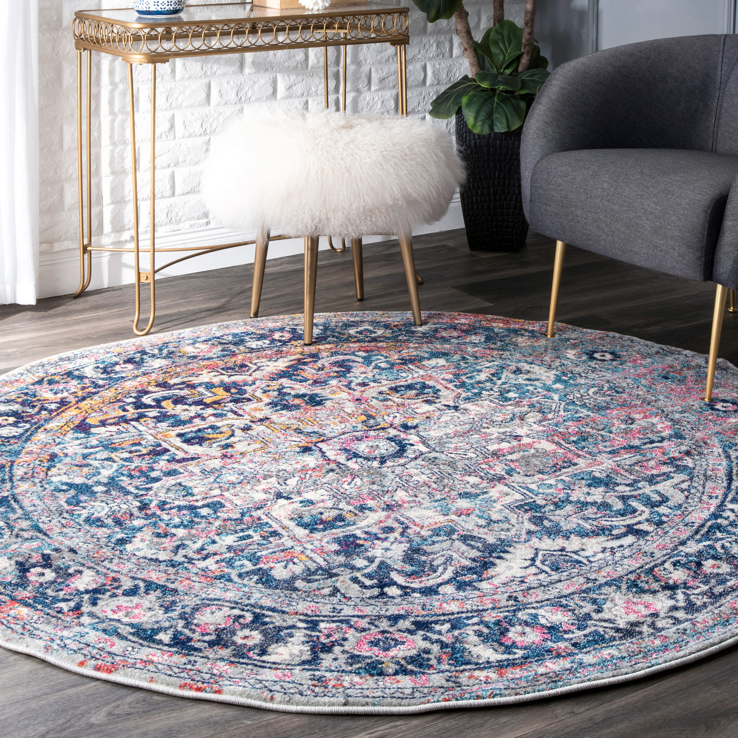 nuLOOM RZBD38A-R808 8 x 8 (ft) Loomed Polypropylene Blue Round Indoor Distressed/Overdyed Vintage Area rug