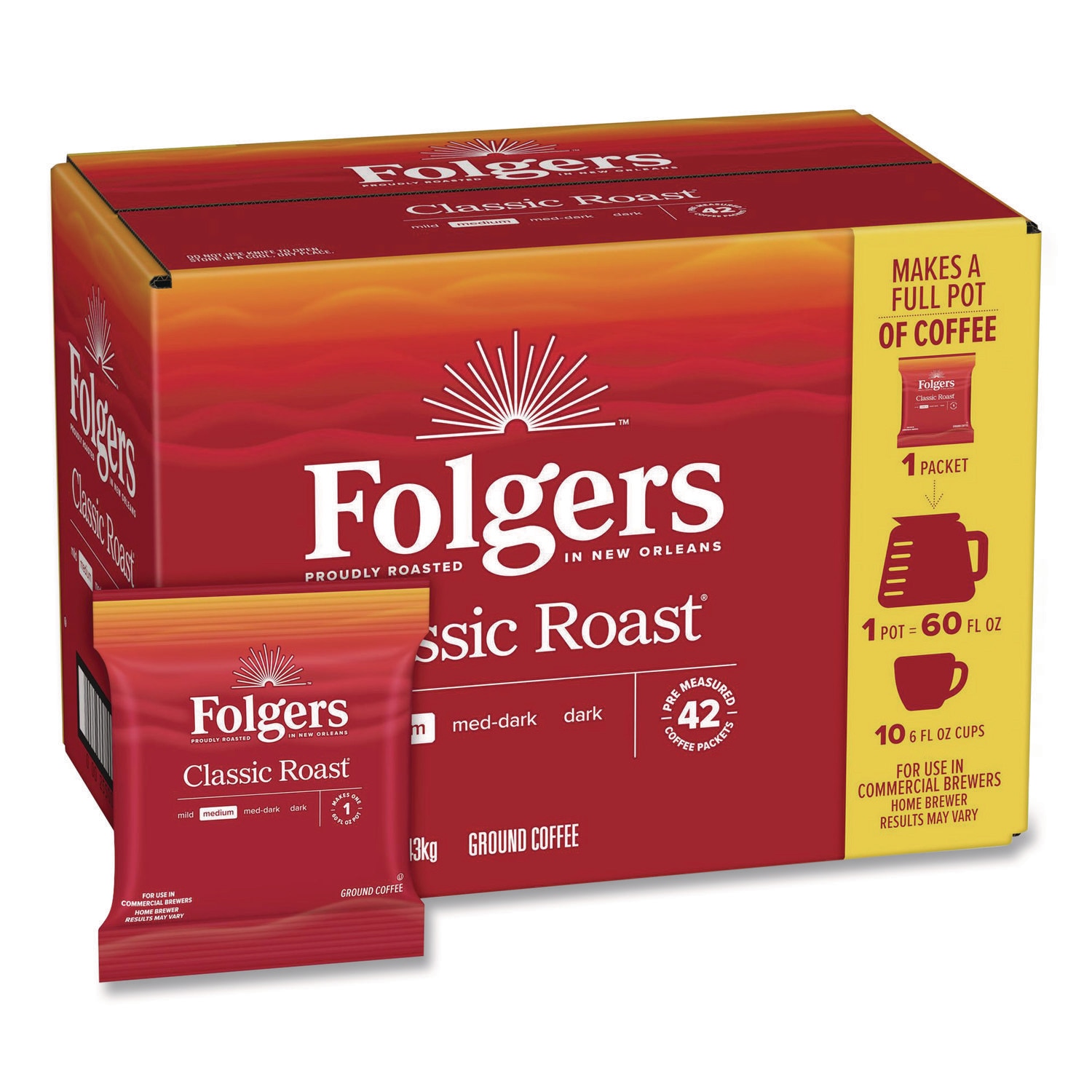 Folgers Classic Roast Ground Coffee Fraction Pack 1.2 oz Packets 42/Carton