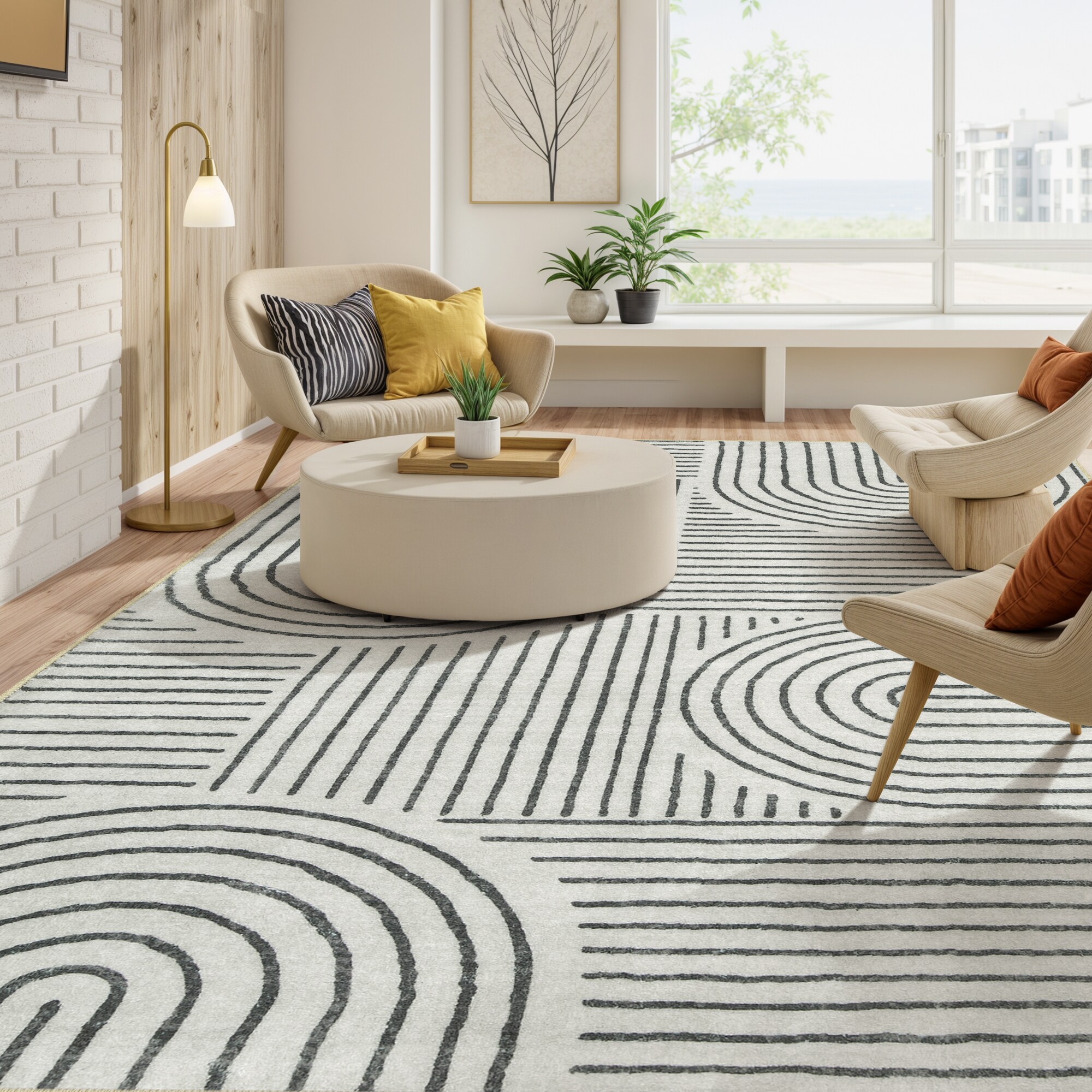 Lahome AR-DYRZP-002-B4 8 x 10 (ft) Black Abstract Rainbow Lines Short Pile Velvet Rectangular Indoor Area Rug