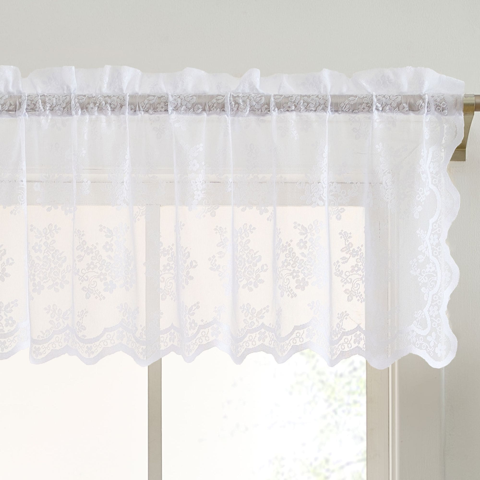 HLC.me JLN-18-WHT Jolene Floral Rod Pocket Lace Semi Sheer Short Valance for Small Windows - Kitchen and Bathroom