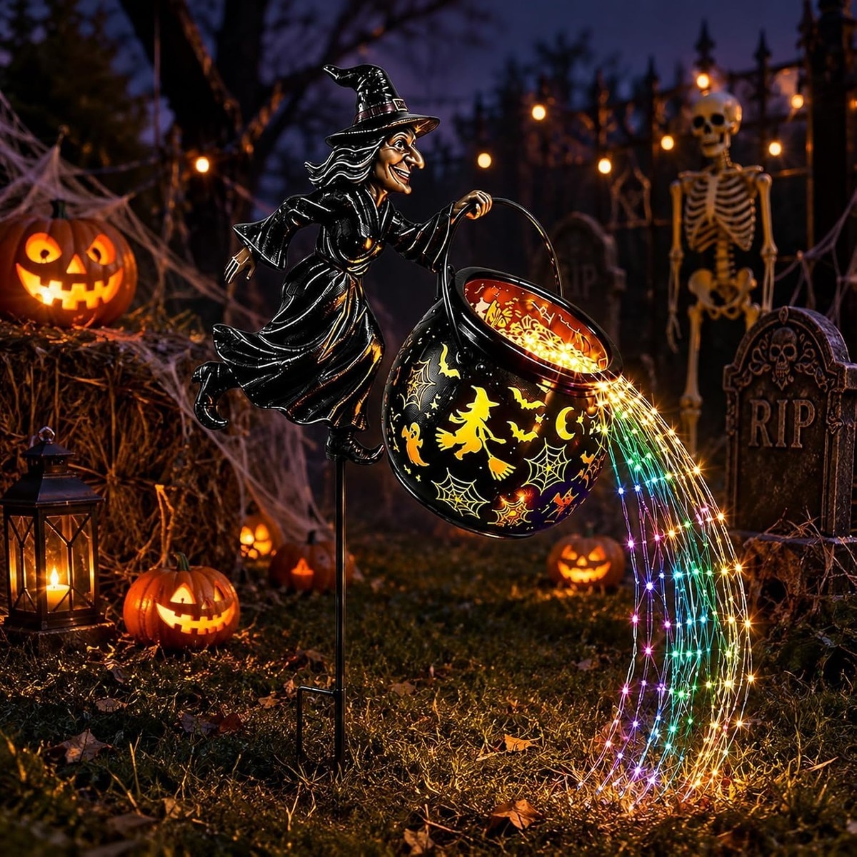 Axinabu  33.5 Inch Flying Witch Garden Stake with Cauldron LED Light for Halloween Outdoor Decor